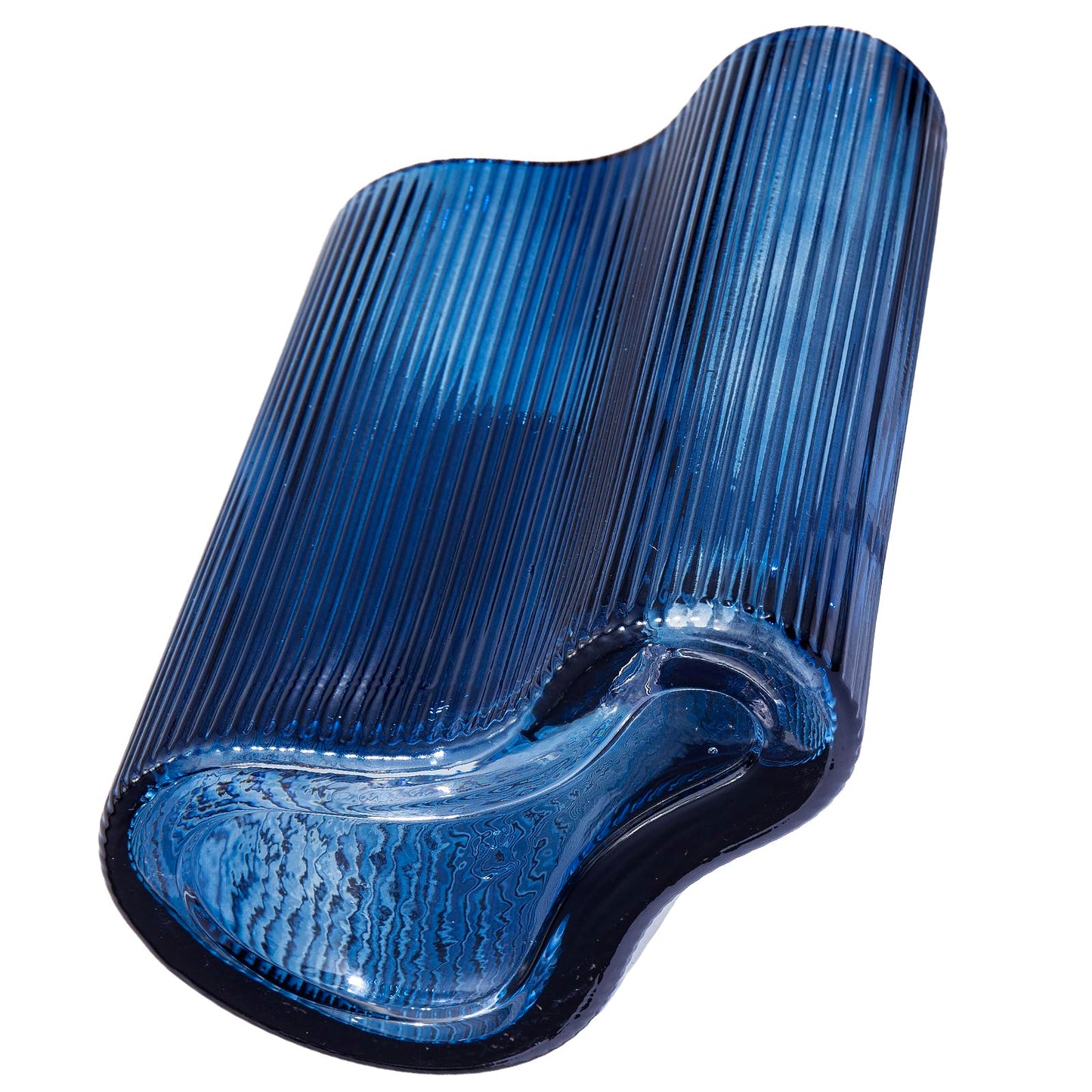 MyGift Blue Glass Flower Vase, Modern Fluted Ocean Blue, Artistic Organic Wavy Design for Floral Arrangements, Tabletop, Shelf & Centerpiece Home Décor
