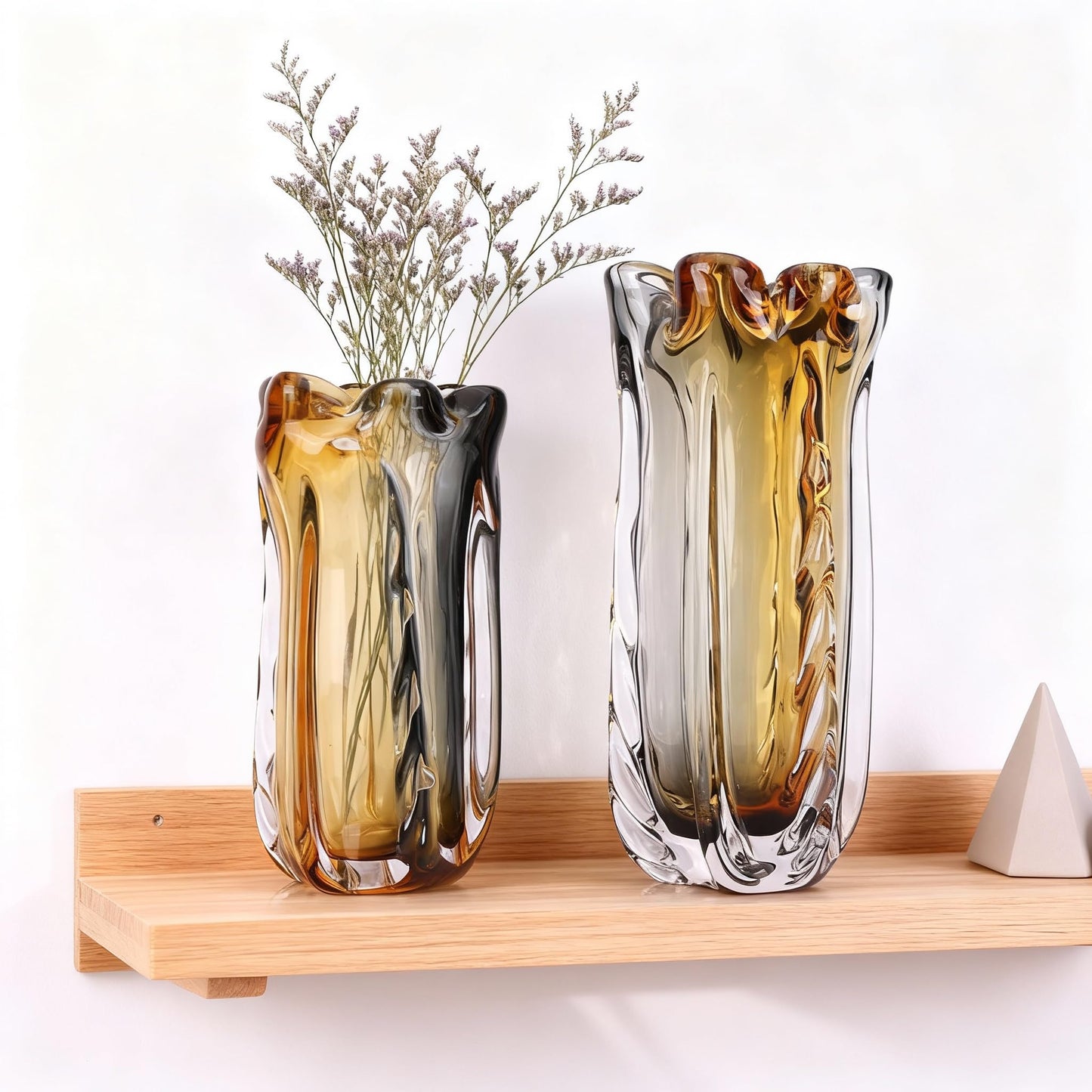 Amber Wide Mouth Vase for Flowers, Decorative Vases for Home Decor, Hand-Blown Murano Art Glass, Modern Art Deco Cut Glass,High-End Unique Designer Centerpiece,Living Room Table Shelf, Plants(Amber,M)