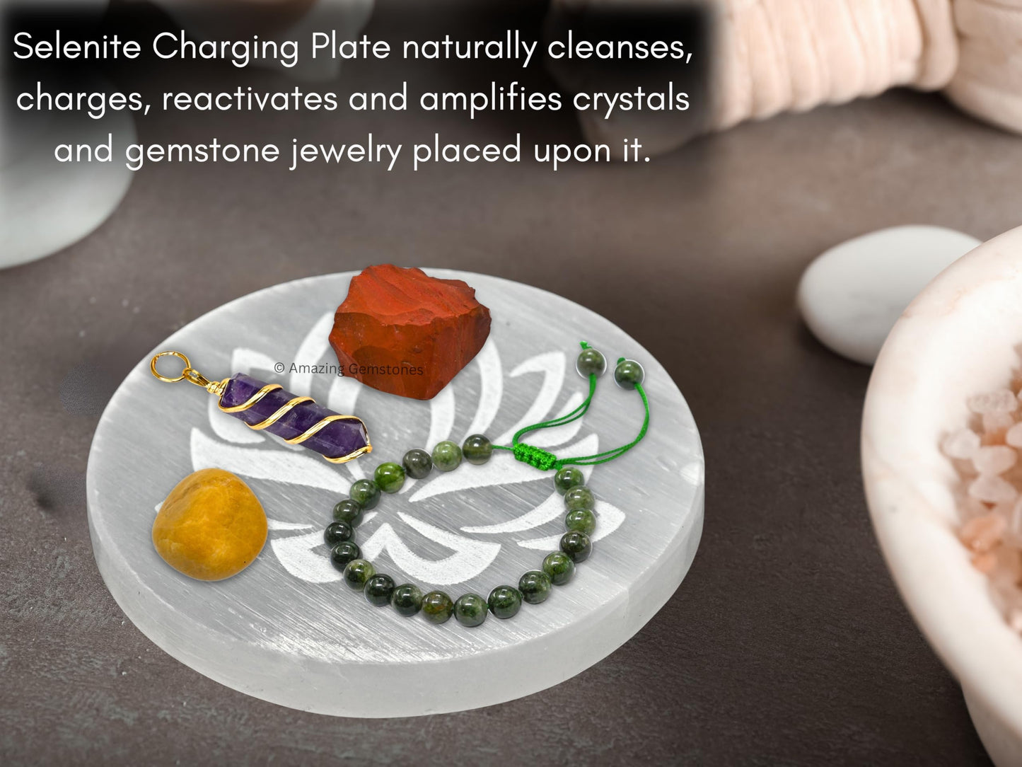 Amazing Gemstone Selenite Crystal Charging Plate For Crystals And Healing Stones, 3" Selenite Crystal Plate Engraved Lotus Flower of Life Coaster For Home, Office Table Decor (Selenite Round Disc)