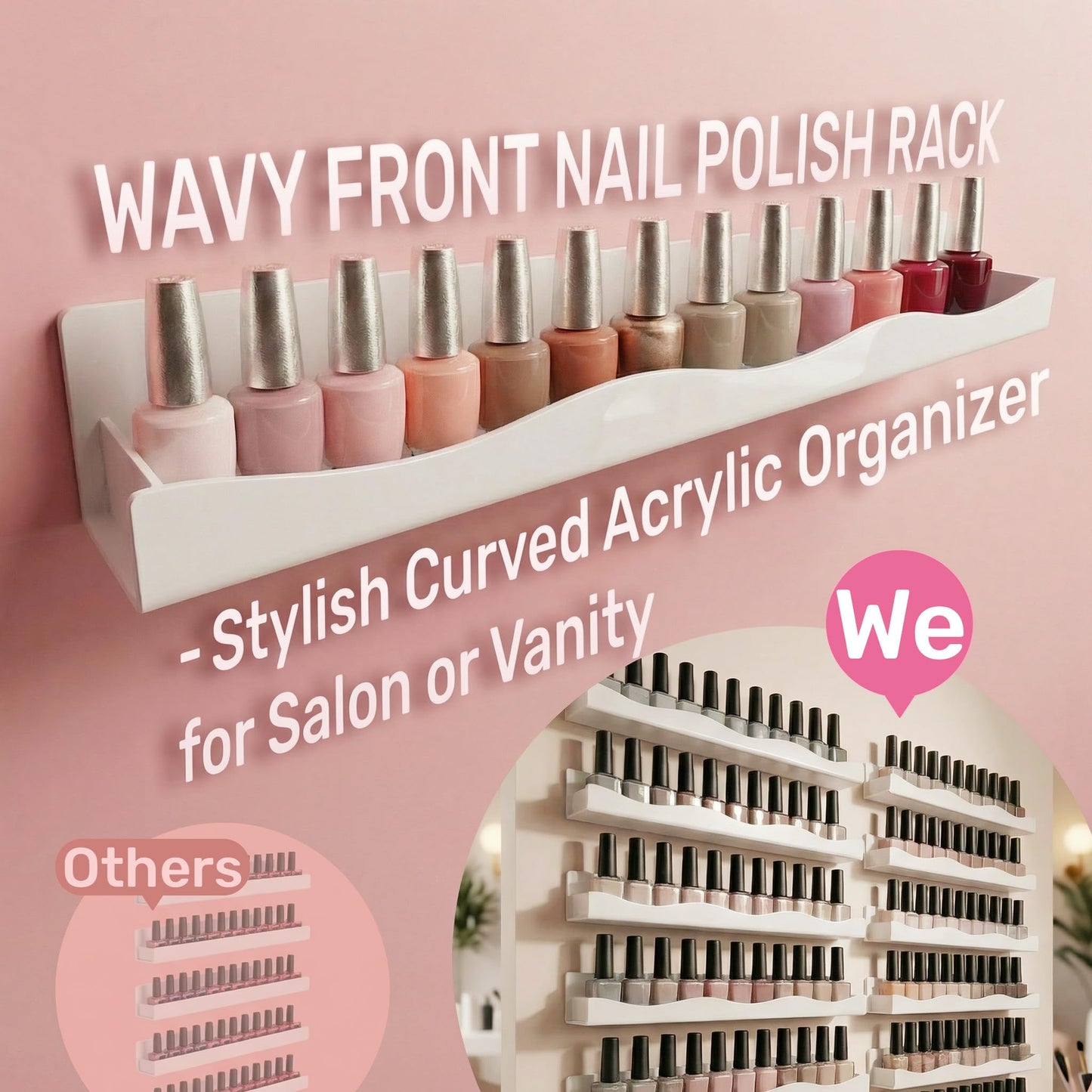 YMVV 15" Nail Polish Racks Wall Mounted Shelf,6 Pack White Acrylic Nail Polish Organizer Nail Supplies for Nail Techs,Great Display for Salons Retailers