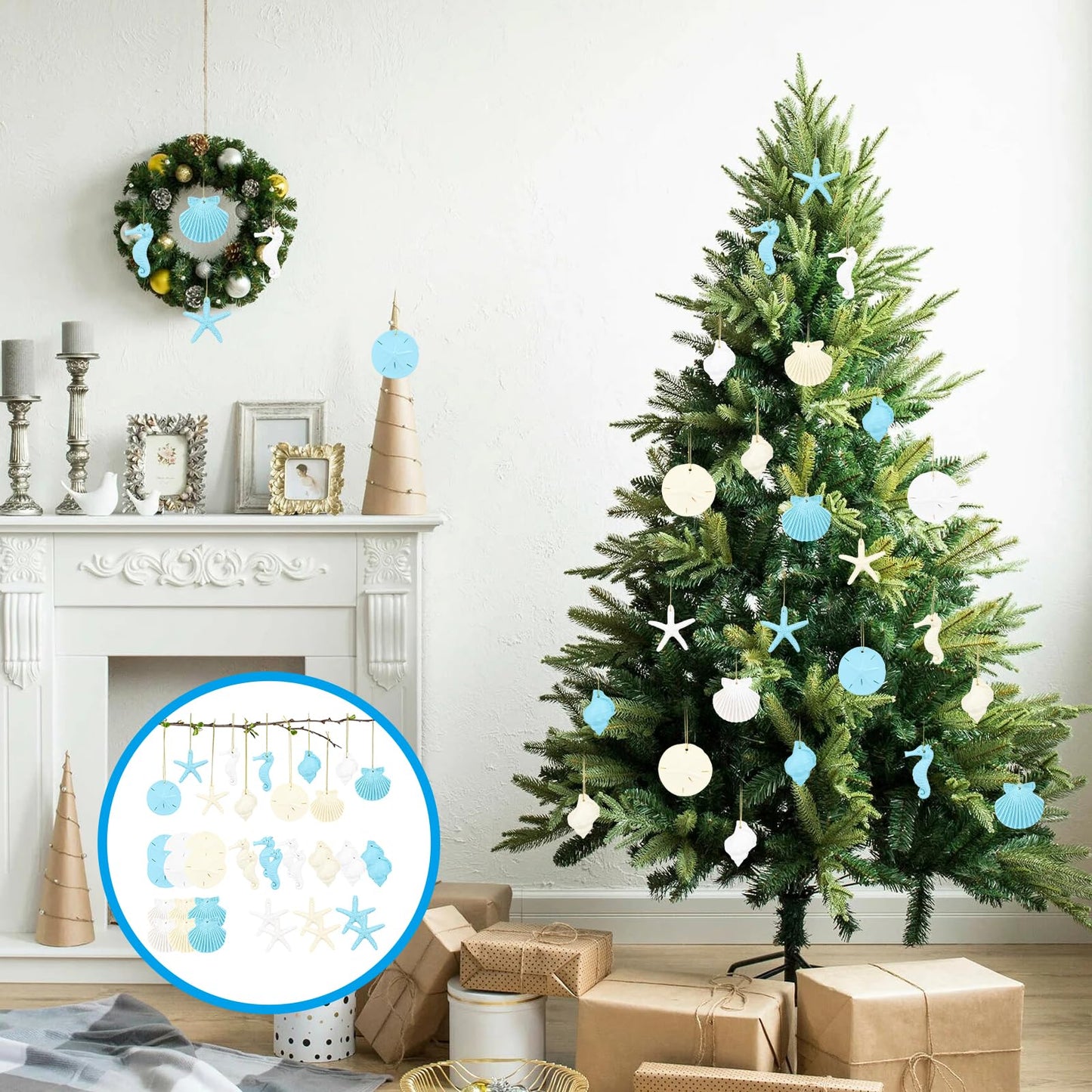 30 Pieces Resin Starfish Seahorse Sanddollar Conch & Seashells Set with Rope for Christmas Tree Hanging Ornaments Beach Theme Wedding Home Decor & DIY Crafts (Beige)
