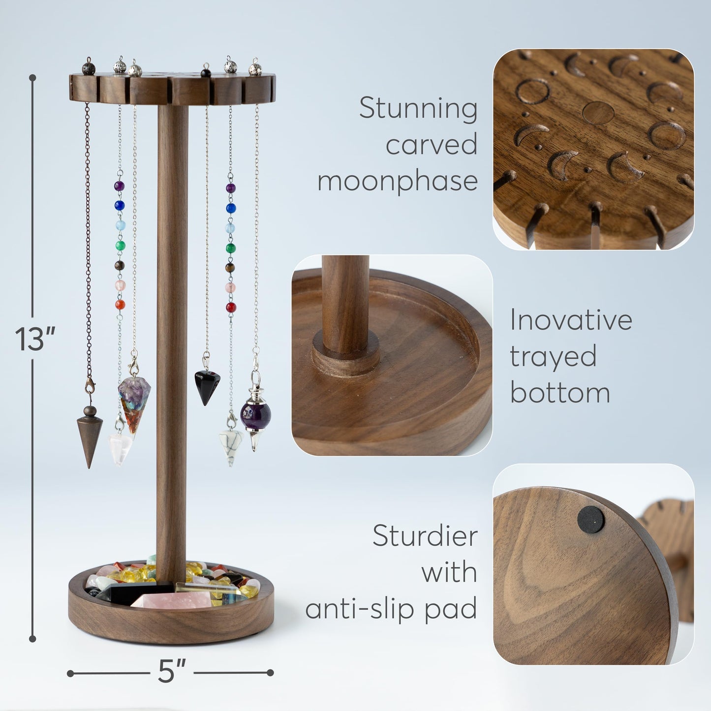 Kihomi Crystal Pendulum Stand with Tray - Walnut Moon Phase Round Crystal Display Holder up to 16 Pendulums and Healing Stone Rack, Wood Aesthetic Witchy Decor Ideal Witchcraft and Wiccan Supplies for
