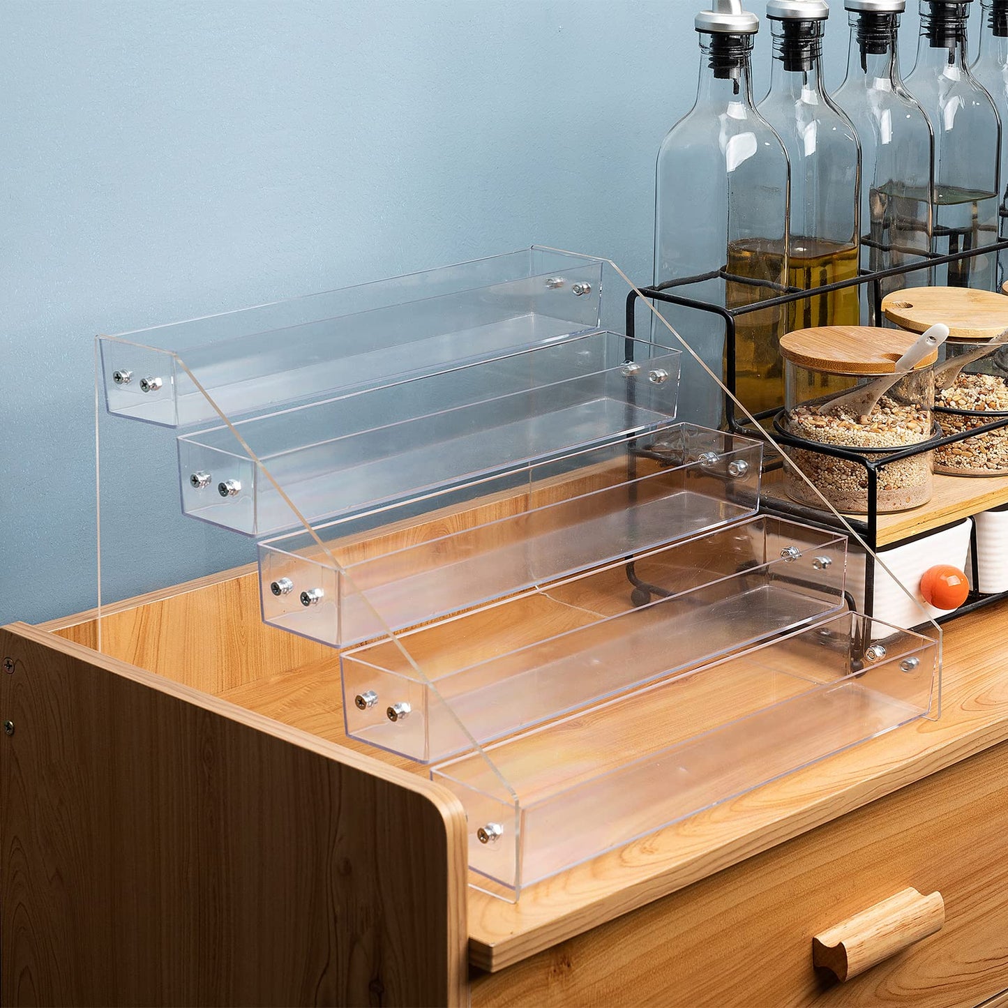 Kihor Acrylic Spice Rack, Tiered Spice Rack Shelf Seasoning Organizer for Countertop, Cabinet, Pantry, Kitchen Storage - 5 Tier, 2PCS