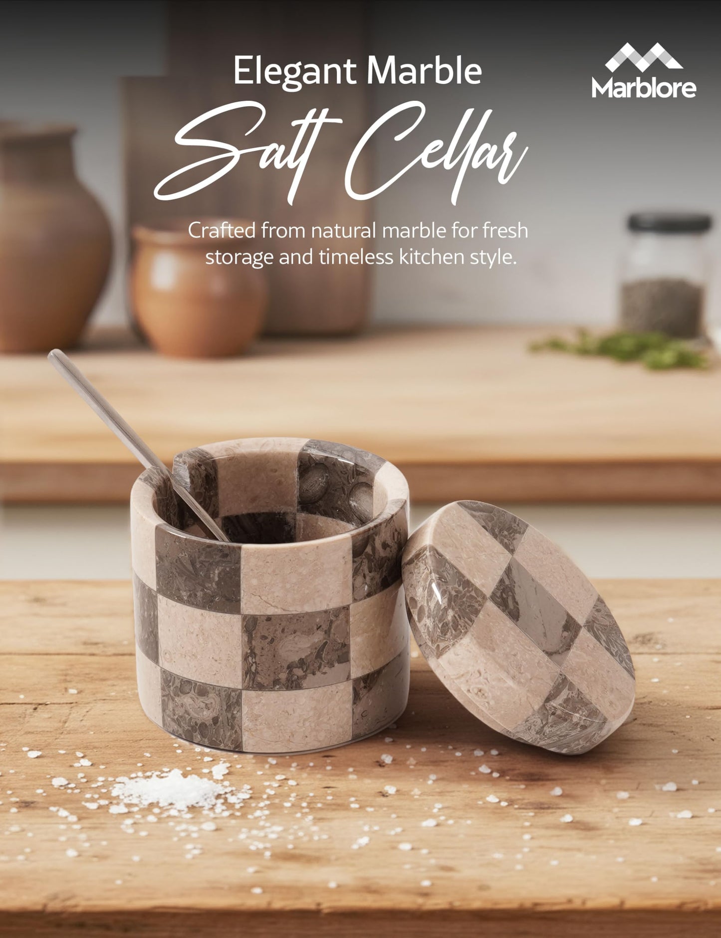 Marble Salt Cellars with Lid and Spoon Oceanic and Verona 3" Stone Containers for Kitchen Countertop, Perfect for Flaky Salt, Sugar, Coffee, and Everyday Seasonings