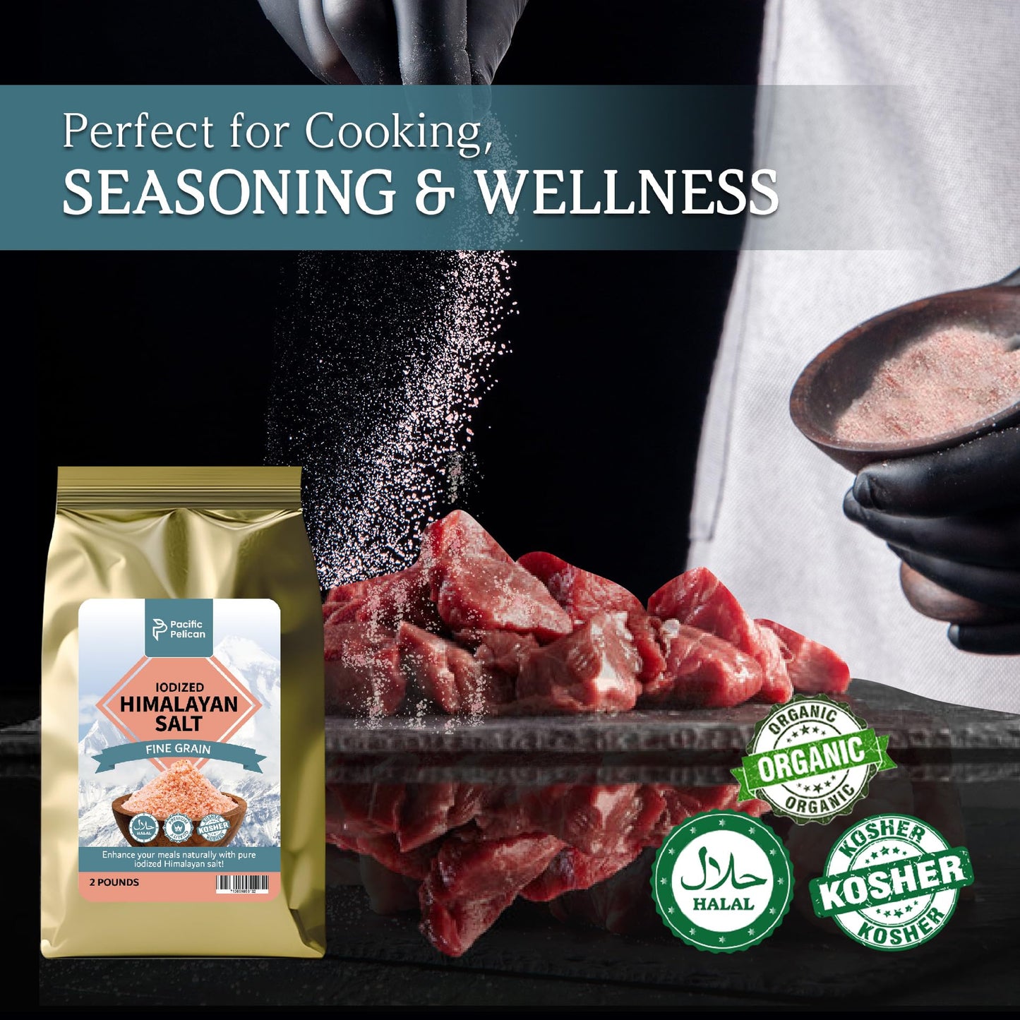 Pacific Pelican Iodized Himalayan Pink Salt | Fine Grain, Unrefined, Pure Rock Salt | 2 Pounds | 100% Natural & Organic for Cooking, Seasoning & Wellness