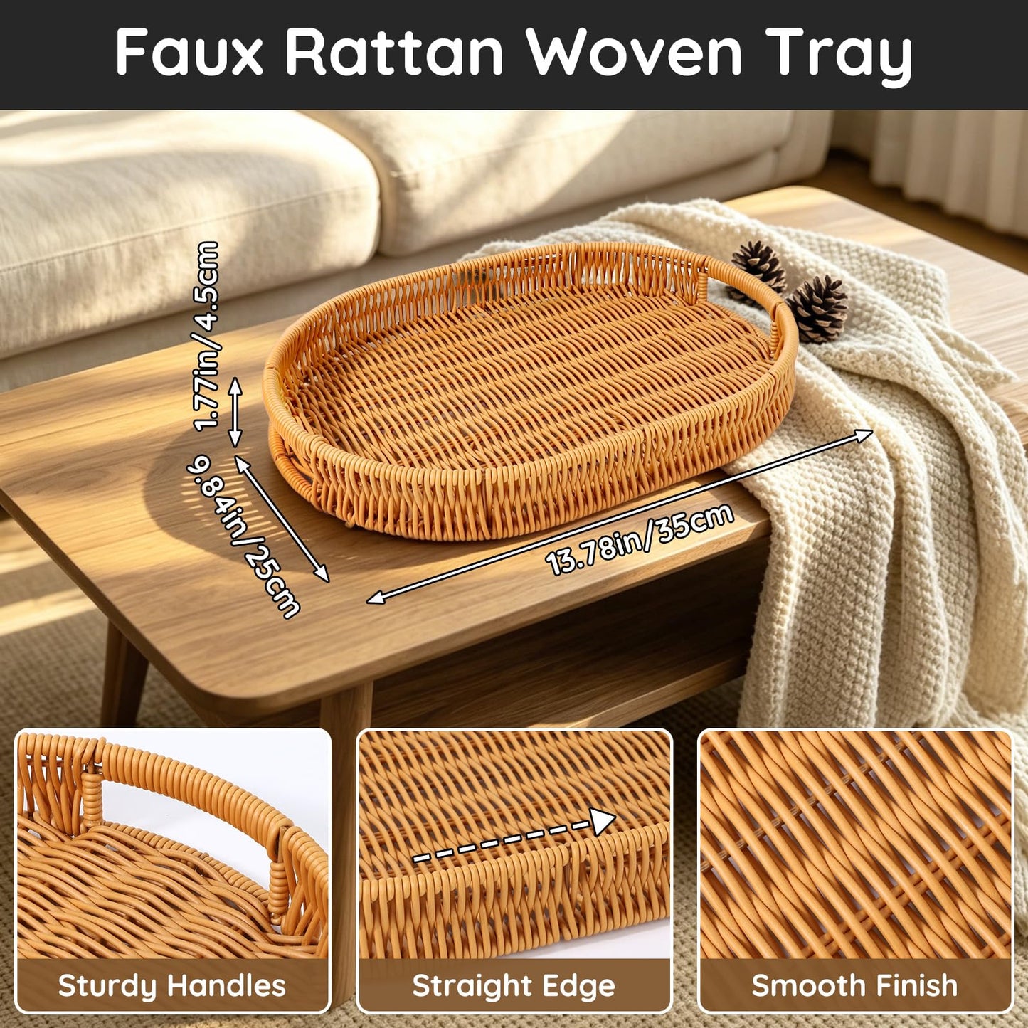 Segbeauty Faux Rattan Bathroom Vanity Tray for Home Decor, 13.8x9.8x1.8in Oval PP Wicker Storage Basket for Guest Towel Paper, Plastic Rattan Serving Woven Tray, Bedroom Basket Organizer with Handles