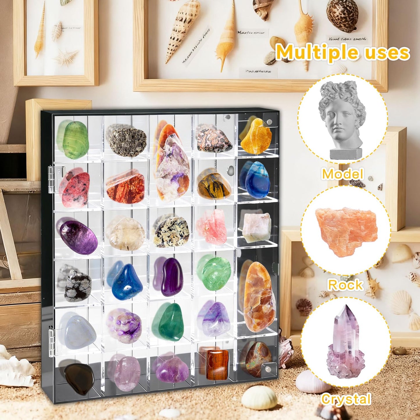 Adjustable Display Case Rock Acrylic Box with Mirror Back,Wall Mountable,30 Grid Crystal Collection Shelf Storage for Minerals,Gems,Jewelry,Wall Crusher Stone Clear Shadow Cabinet Cases Collectibles