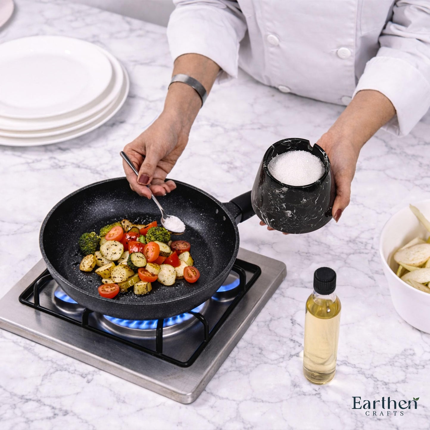 EARTHEN CRAFTS Marble Salt Cellar With Lid & Spoon Black 4" Inch Handmade Salt Holder Stone Salt Storage Seasoning Container, Sugar Bowl, Salt Dish, Salt Box & Spice Jar for Kitchen Countertop