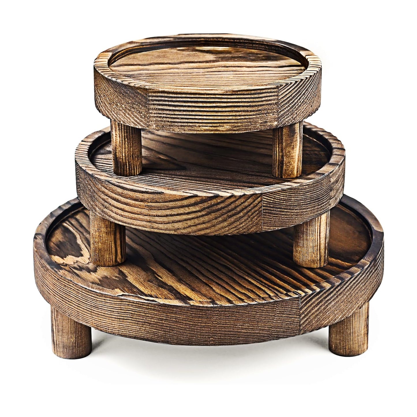JZCHBL Wood Display Riser Set, 3 Piece Decorative Pedestal Stand, 8/6/5 Inch, Rustic Brown