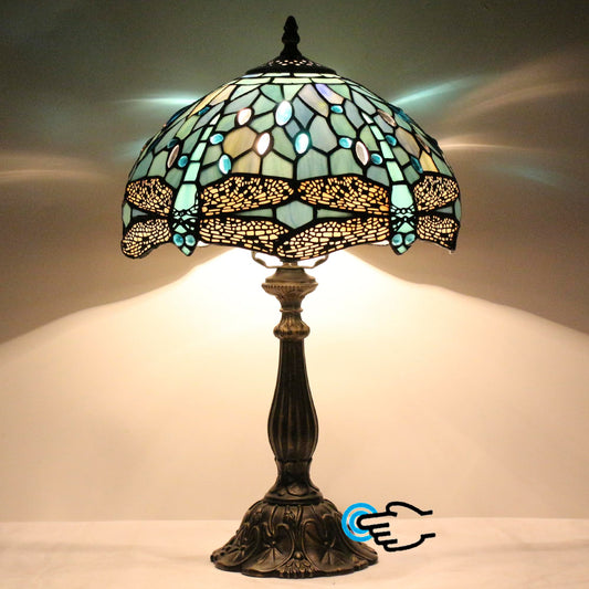 L-Juicwe Tiffany Lamp Touch Control Table Lamp Sea Blue Stained Glass Desk Lamp 12X12X19 Inches Dragonfly Style Reading Light