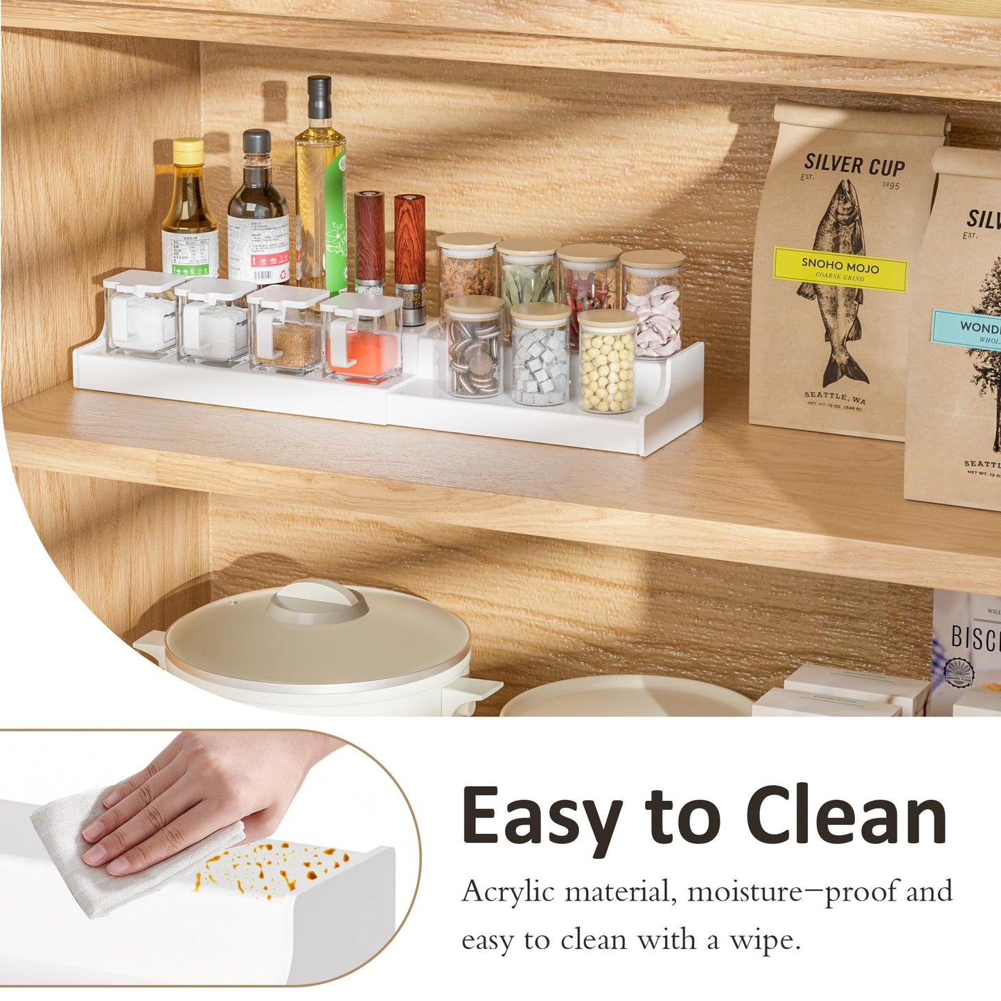 Sezanrpt Expandable Spice Rack Cabinet Organizer 2 Tier, White Kitchen Counter Display Shelf, Seasoning Organizer for Cabinet, Moisture Resistant