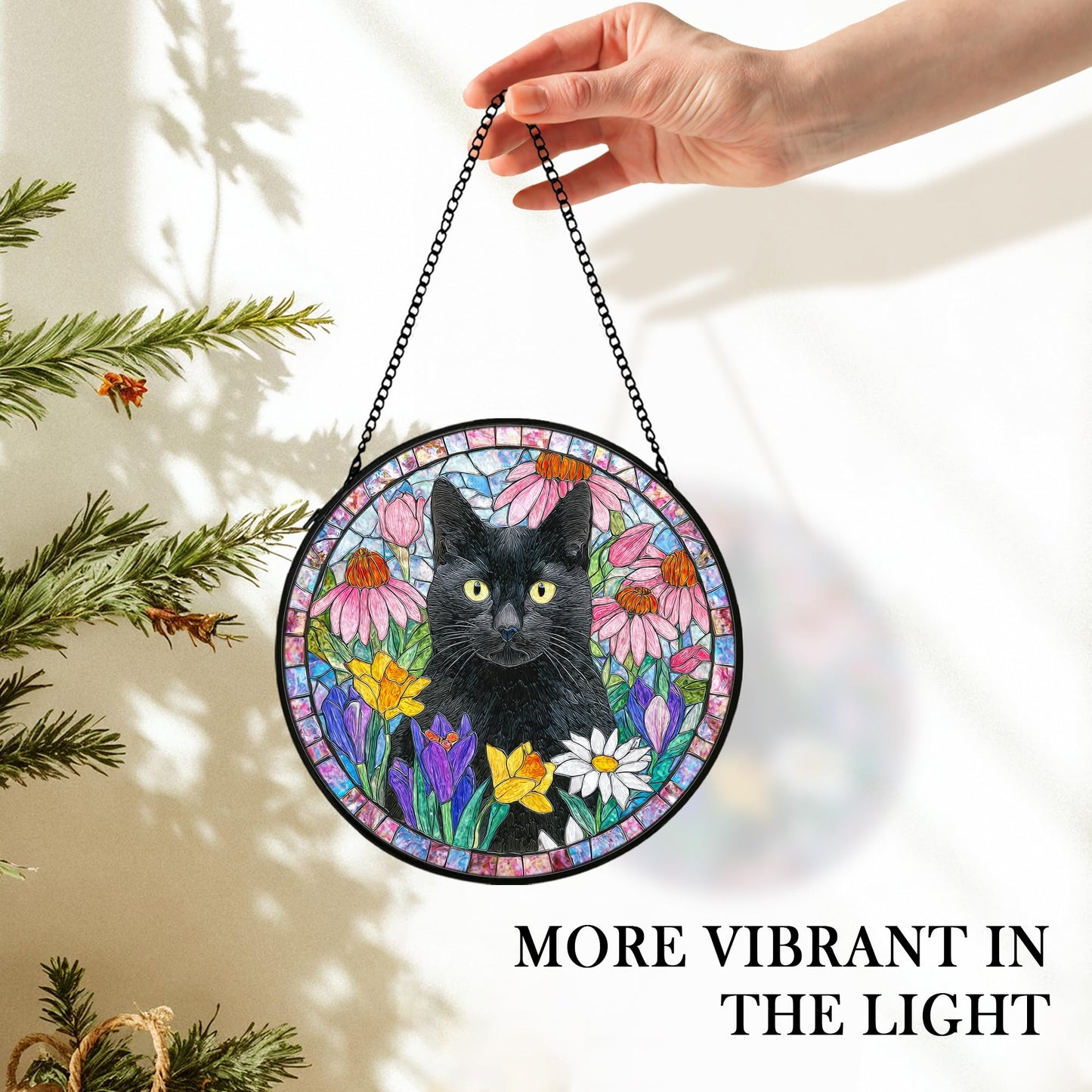 cvjutf Black Cat Suncatcher Stained Glass Window Hanging Decor Ornaments, Black Cat Owner Memorial Sun Catchers Wall Art Gifts for Women, Floral Flower Garden Lawn Stained Glass Wall Decor, 7.9x7.9In