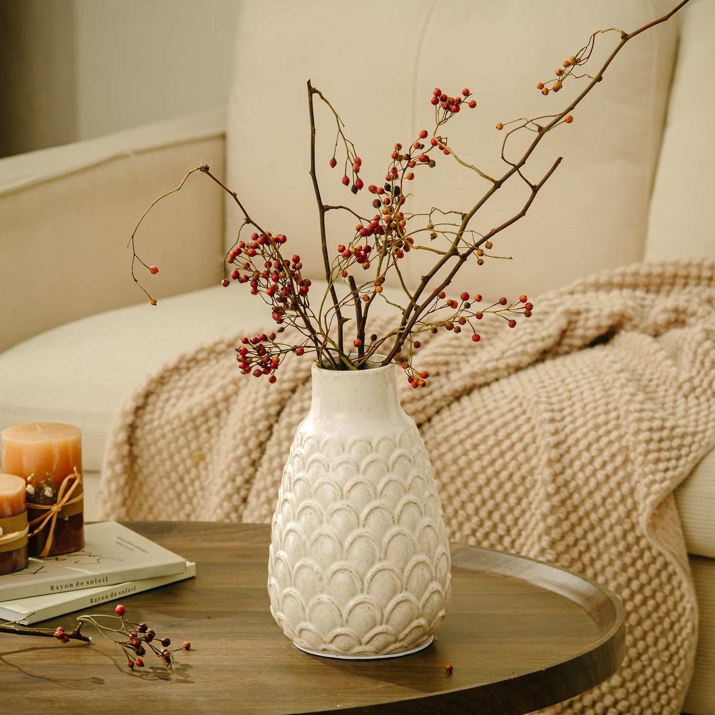 Ceramic Flower Vase, 9.06” Rustic Farmhouse Decorative Vase for Home Decor, Beige Textured Pottery Vase for Pampas Grass, Living Room, Entryway, Mantel, Kitchen Table, Centerpiece