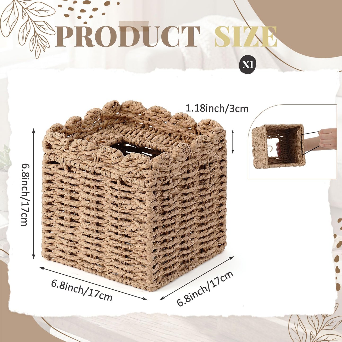 Chengu Scallop Tissue Box Cover, 5.9 Inch Paper Rope Rattan Square Boho Decorative, Woven Facial Tissue Holder, Creative Desktop Storage Ornament for Living Room, Bathroom, Toilet and Study