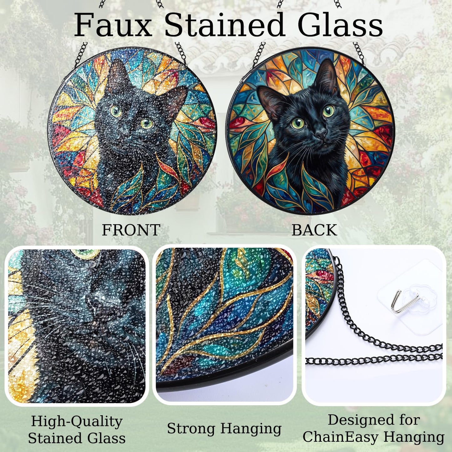 Stained Glass Window Hanging, Black Cat Stained Glass Style Leaves Suncatchers Glass, Sun Catcher Decoration Wall Decor, Cat Lover Gifts, Mother Gifts