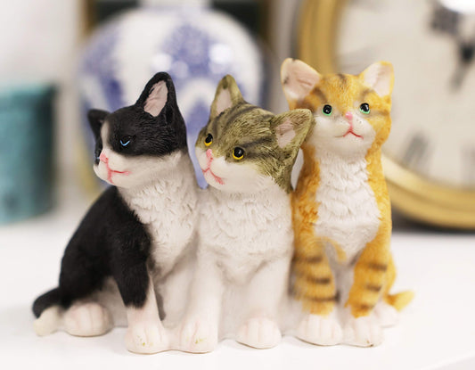 Ebros Lifelike Trio Colorful Shorthair Feline Kittens Cats Sitting Side by Side Figurine 5" Long Realistic Glass Eyes Hand Painted Feline Cat Kitten Kitties Animal Pet Sculpture Decor Statue