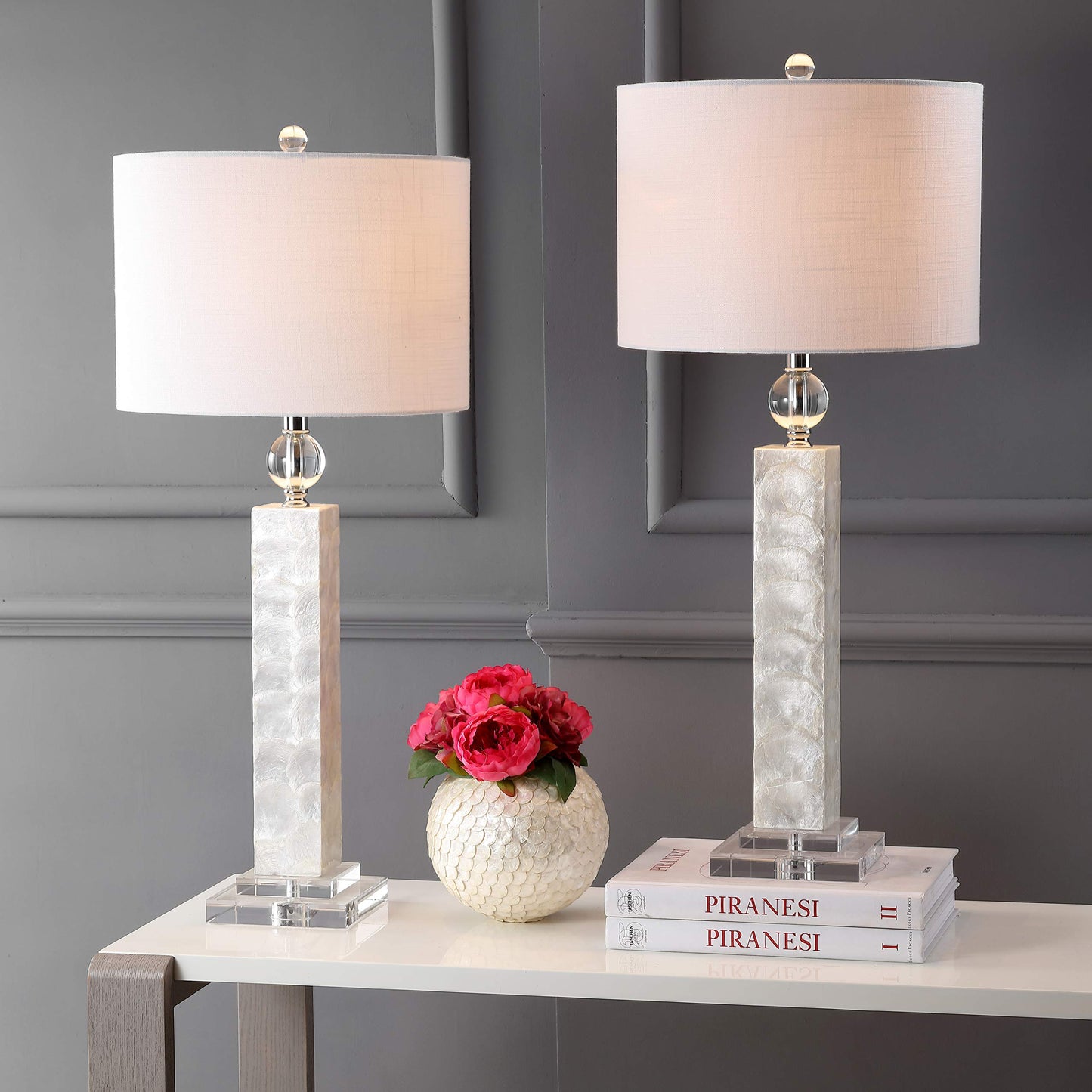 JONATHAN Y 32" White Mother of Pearl and Crystal Table Lamp Set of 2 for Bedroom, Coastal Mosaic Seashell Column Lamps for Living Room, Linen Drum Shade, LED Bulbs Included JYL4006A-SET2