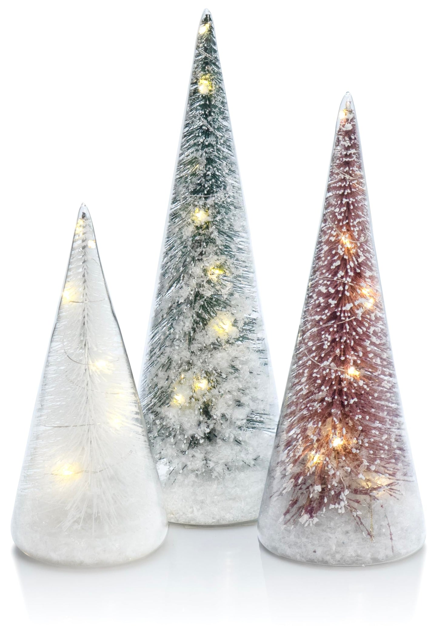 Red Co. Set of 3 (10”, 9”, 7”) Clear Glass Light-Up Decorative Tabletop Christmas Tree Holiday Figurine with LED Lights, Tinsel & Snow