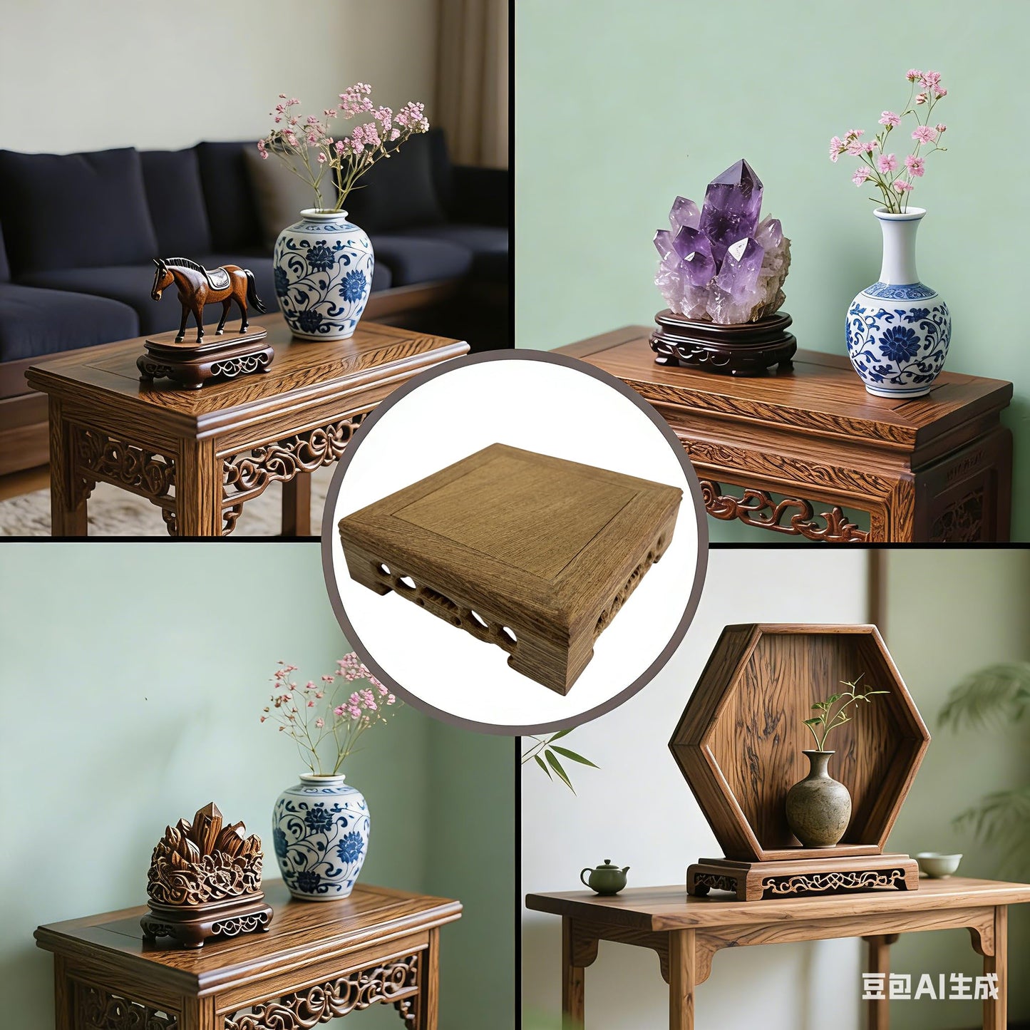 LC LICTOP Oriental Wenge Wood Display Stand, 5.5 Inch Square Wooden Pedestal Base, Carved Wood Riser for Vase, Teapot, Trophy, Fishbowl, Home Decoration