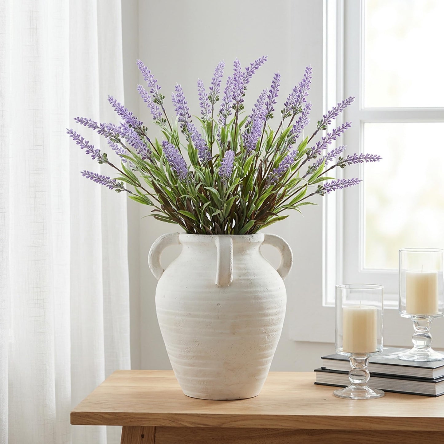 Rustic White Ceramic Vase, Wide Mouth Terracotta, Antique Decorative Flower Vase with 4 Handles, 9.7 in