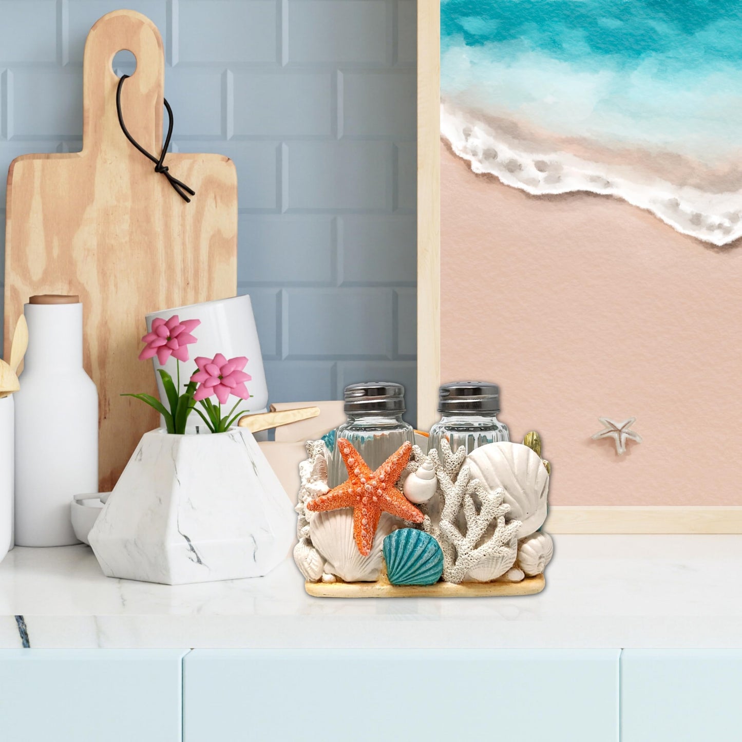 Seaside Splendor Salt and Pepper Shakers Set – Coastal Beach-Themed 3D Resin Design with Seashells & Starfish, Nautical Decor for Kitchens, Dining Rooms, and Beach Houses, Includes 2 Bottles