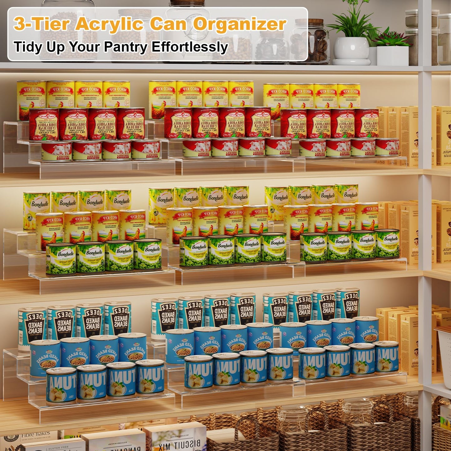 Adjustable Acrylic Can Rack Organizer for Pantry, 3 Tier Expandable Canned Storage Holder, Soda Can Dispenser Shelf Holds Up to 24 Cans, Clear Canned Display for Cabinet & Countertop (Patent Pending)