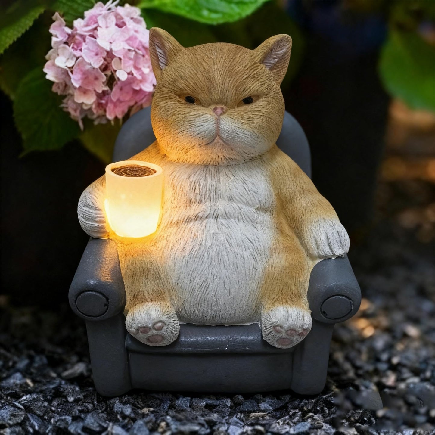 AmoroHui Hand-Painted Orange White Shatterproof Resin Cat Figurine with LED Light - Glowing Coffee Cup Design Outdoor Decor (5.1x4.1x5.5 Inch) (cat)