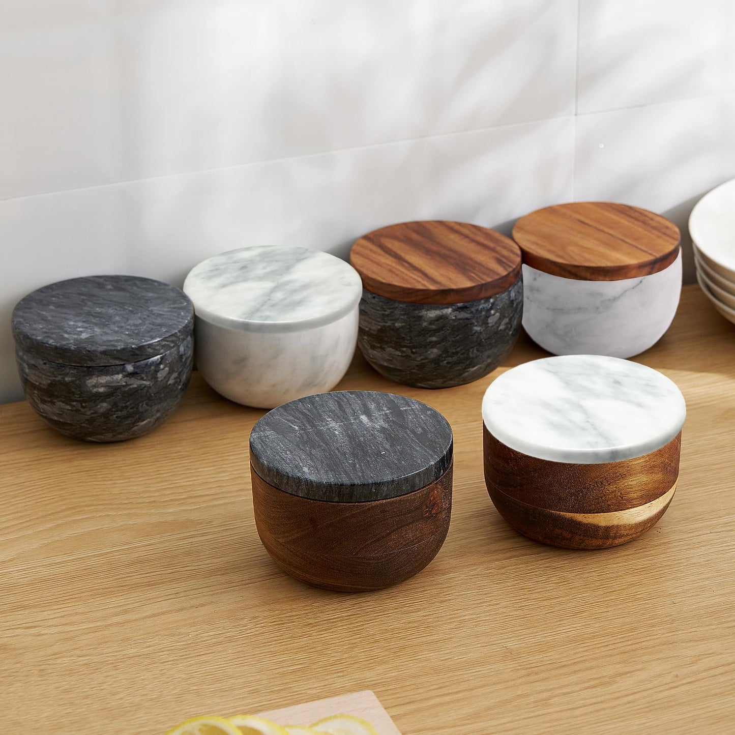 jalz jalz salt cellar salt box large big size salt holder white Marble Base Wood Cover Salt Box Salt Cellar with spoon Decorative Boxes Big Capacity Salt Container Spice Cellar salt and pepper keeper