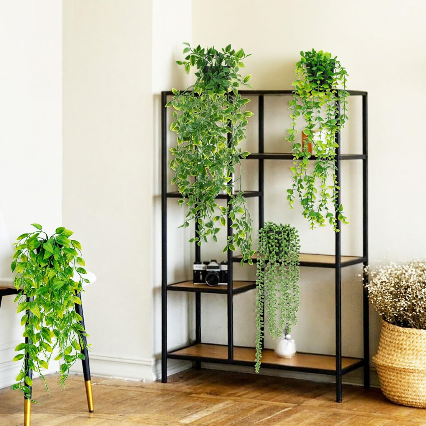 SHENLIU Artificial Hanging Plants for Shelf, 4 Pack Fake Potted Greenery Plant Faux Eucalyptus Vine, Mandala Vine, String of Pearls, Pea pod Leaves in Pot for Office Home Garden Indoor Outdoor Decor