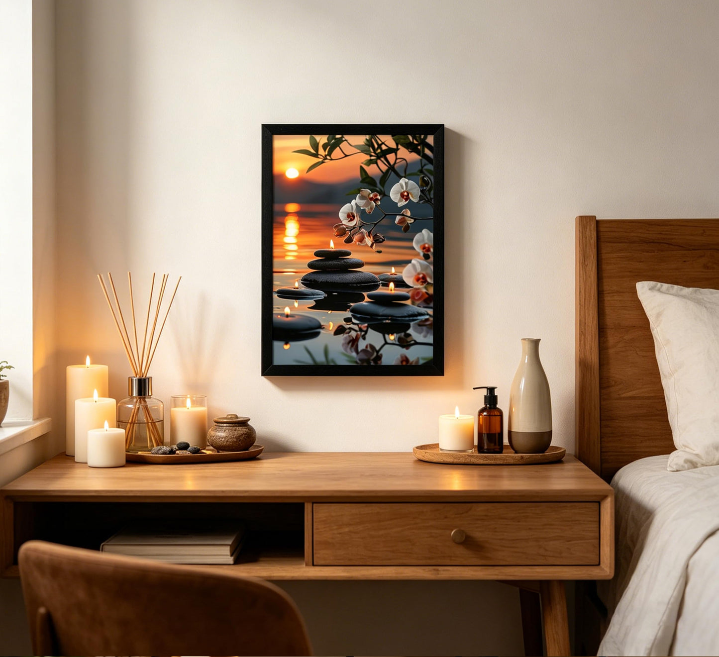 Framed Zen Orchid Stone Wall Art, Sunset Water Reflection Spa Decor with Floating Candles, Serene Botanical Canvas Print for Bathroom Bedroom Office, Calm Asian Inspired Artwork