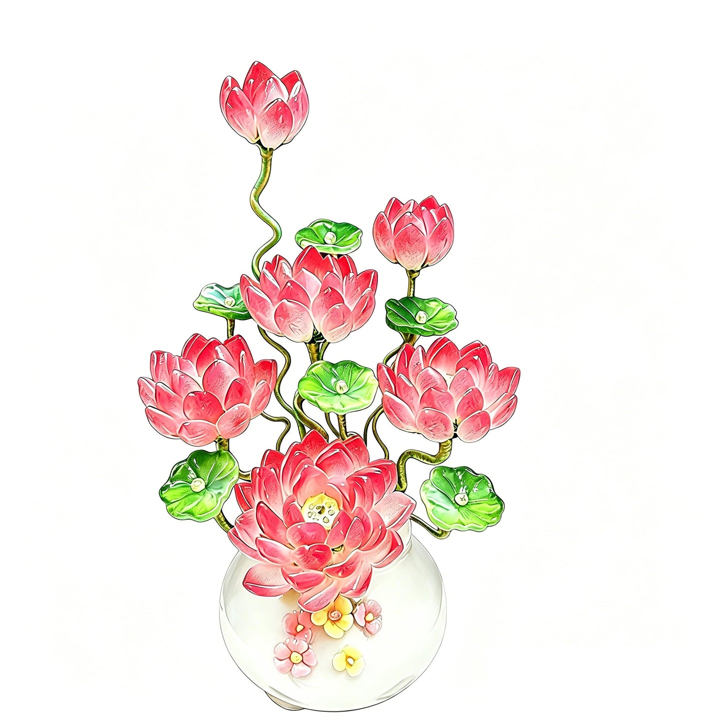 Handmade Art Glass Lotus Flower Arrangement in Vase, Blue Glass Floral Sculpture, Elegant Home Decor Accent, Decorative Centerpiece Gift for Mom, Women, Housewarming (Rose Pink)