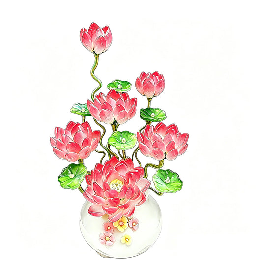 Handmade Art Glass Lotus Flower Arrangement in Vase, Blue Glass Floral Sculpture, Elegant Home Decor Accent, Decorative Centerpiece Gift for Mom, Women, Housewarming (Rose Pink)