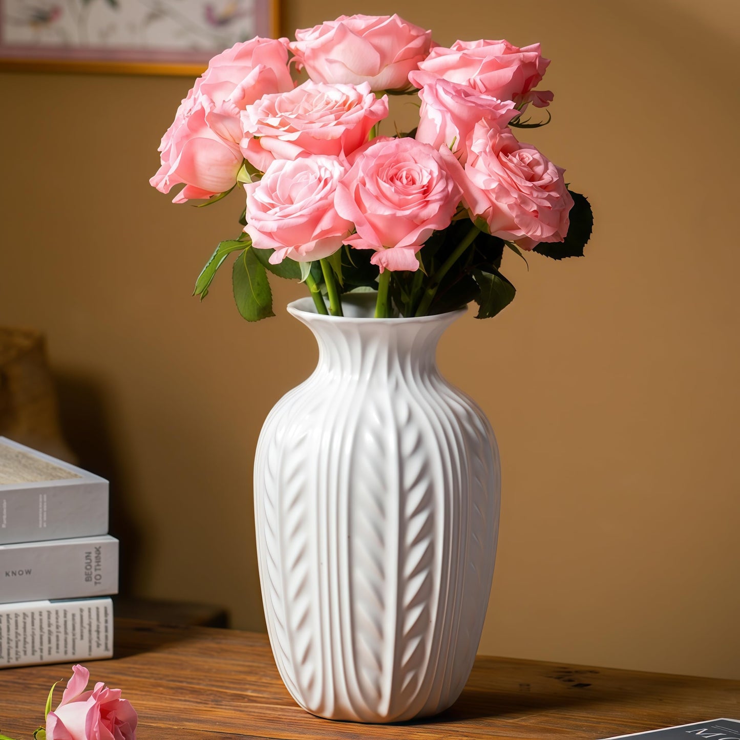 Lvases 10in Wheat Textured White Ceramic Flowers Vase Modern Home Decor