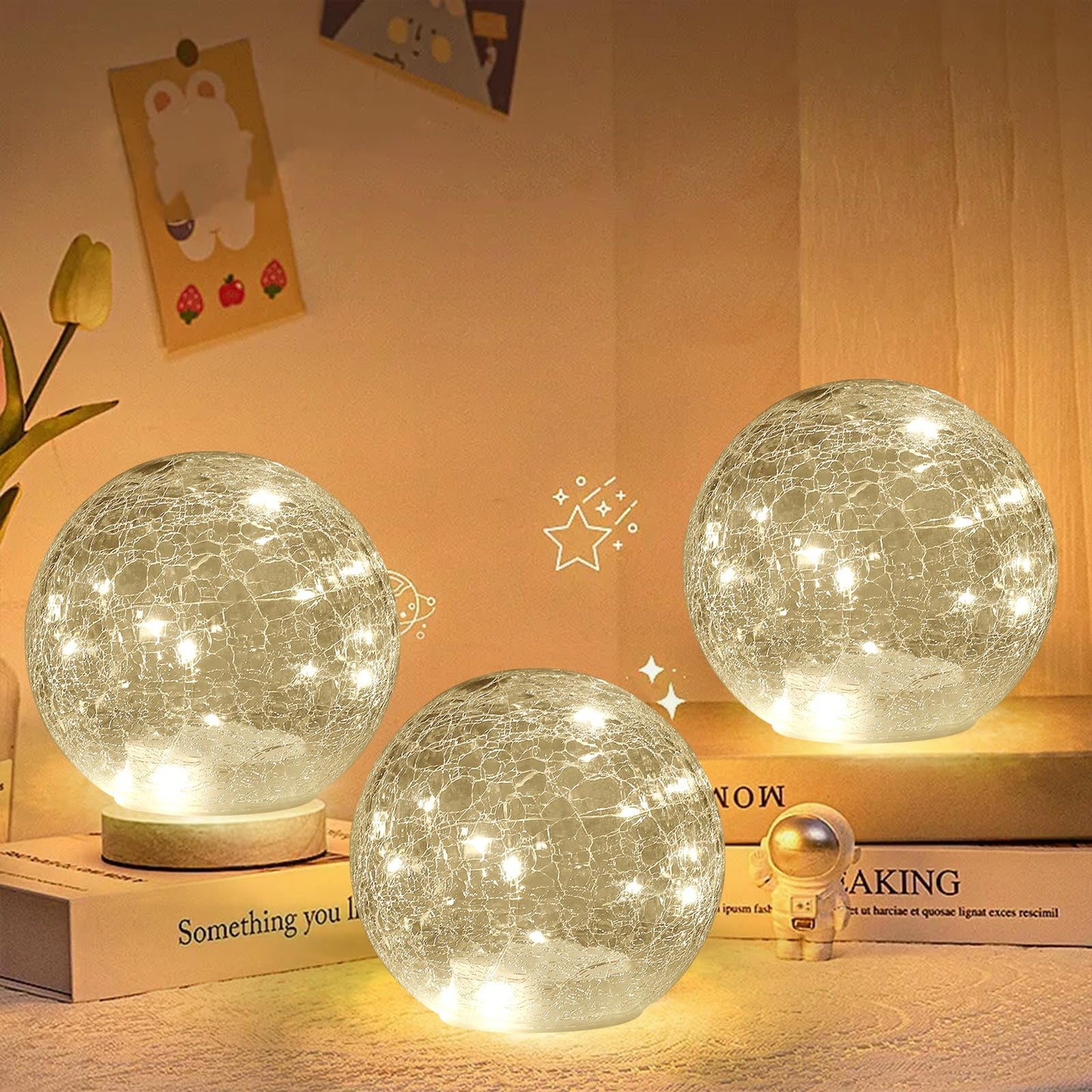6 Inches Crackle Globe LED Lamp Battery Operated, Gold Mercury Crackled Glass Ball Light with Bottom Switch for Festival Christmas Decoration, Home Living Room Indoor