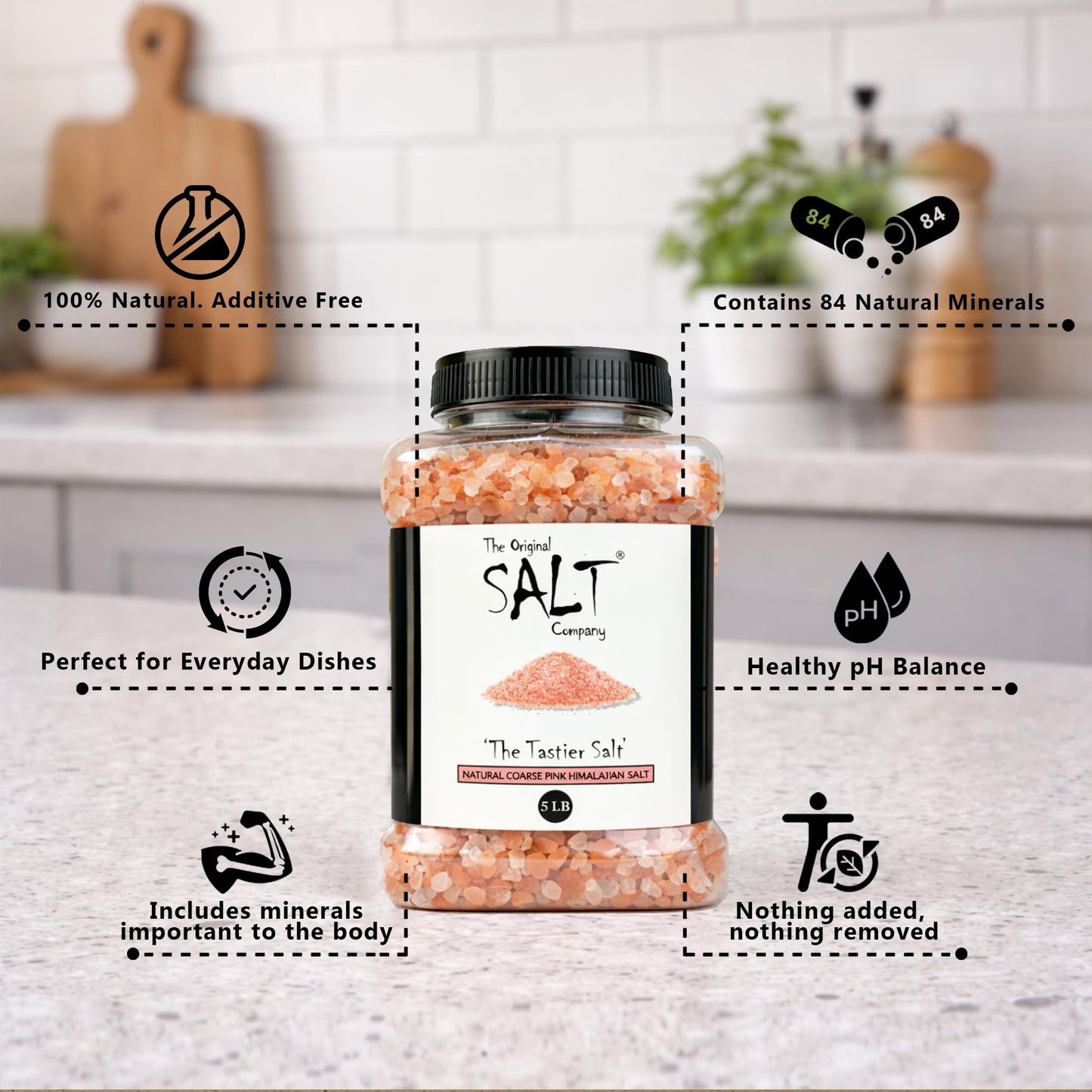 The Original Salt Company Pink Himalayan Salt, 100% organic, kosher, coarse, and gluten-free. Perfect for cooking, seasoning, and enhancing dishes with its mild, mineral-rich flavor. (5 LB Plastic Container, Coarse Pink Himalayan Salt)