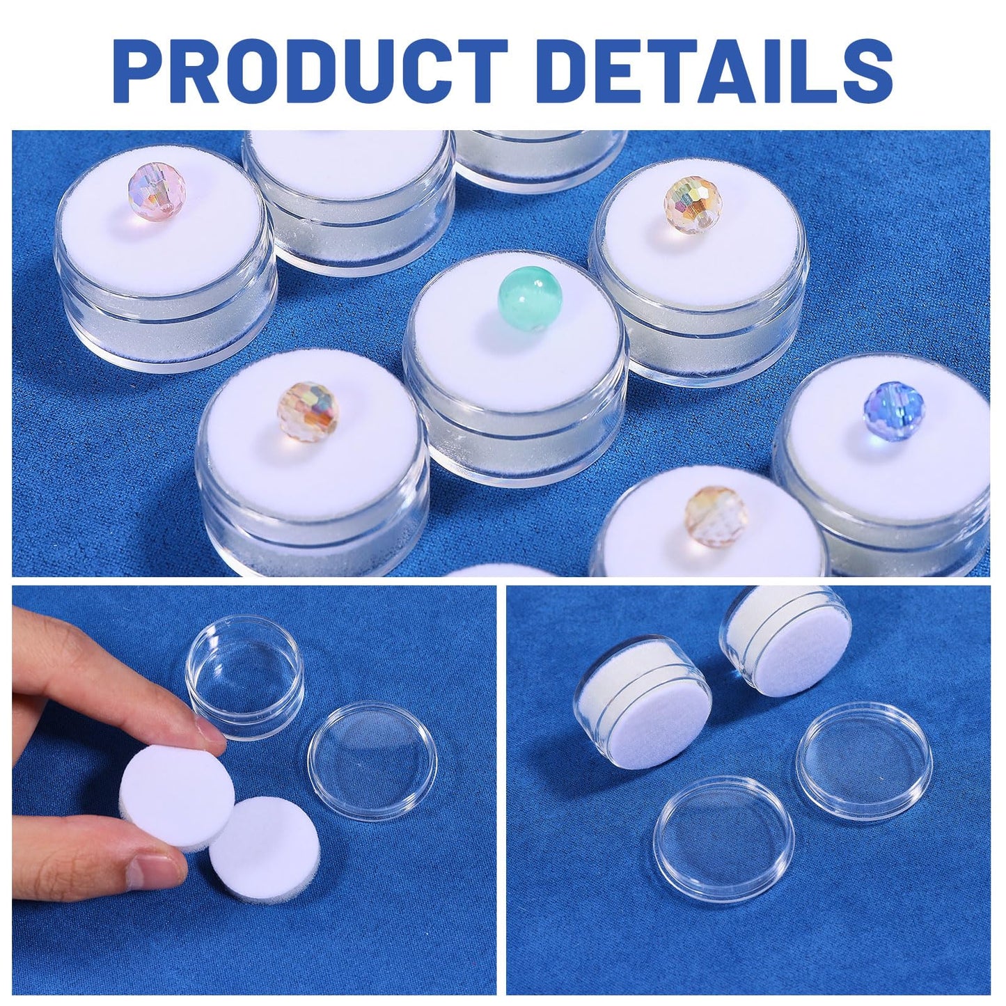 CHGCRAFT 50 Pcs Mini Round Stone Box Small Loose Diamond Gemstone Display Case with Clear Top Lids and Sponge, White, 1.2×0.7 Inch