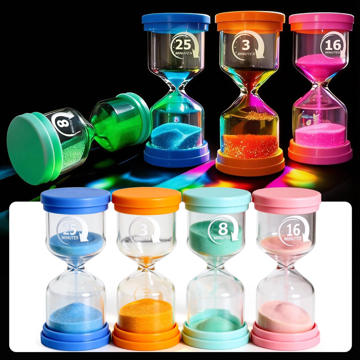 PROLOSO Sand Timers Set 4 Pcs Colorful Hourglass 3 Mins / 8 Mins / 16 Mins / 25 Mins Sandglass Glow in the Dark Sand Clock for Classroom Home Office