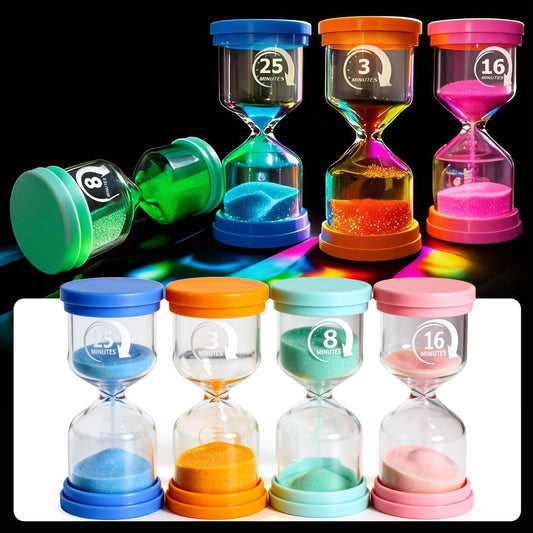 PROLOSO Sand Timers Set 4 Pcs Colorful Hourglass 3 Mins / 8 Mins / 16 Mins / 25 Mins Sandglass Glow in the Dark Sand Clock for Classroom Home Office