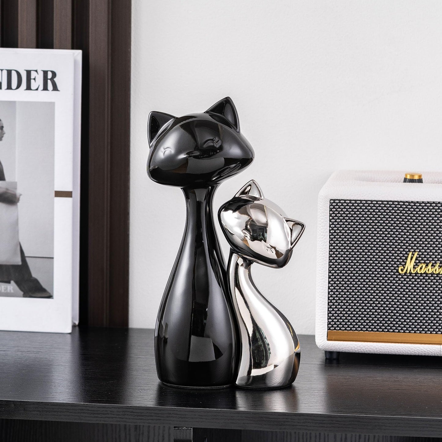 SURE YUESI Ceramic Cat Statue Set of 2, Black & Silver Cute Cat Figurines, Desk & Shelf Decor for Cat Lovers, Office Home Decor, Lucky Cat Memorial Gift for Women
