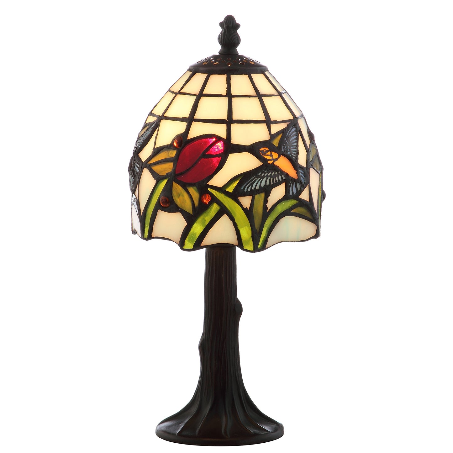JONATHAN Y 12" Bronze Hummingbird Tiffany-Style LED Table Lamp, Handcrafted Multicolored Stained Glass Bell Shade, Traditional Bedside Accent Lamp, LED Bulb Included JYL8014A