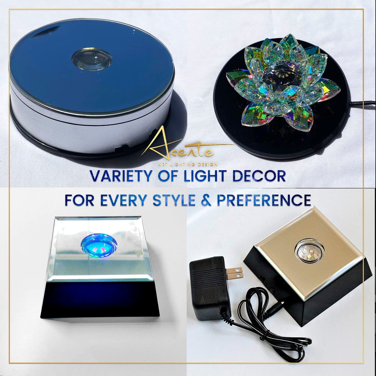 ASENTE 5 LED Light Pedestal - Rectangle Matte Black Light Stand Base for 3D Art Glass, Room Decor and Gemstones and Crystals - AC/USB Adapter Powered (Black)