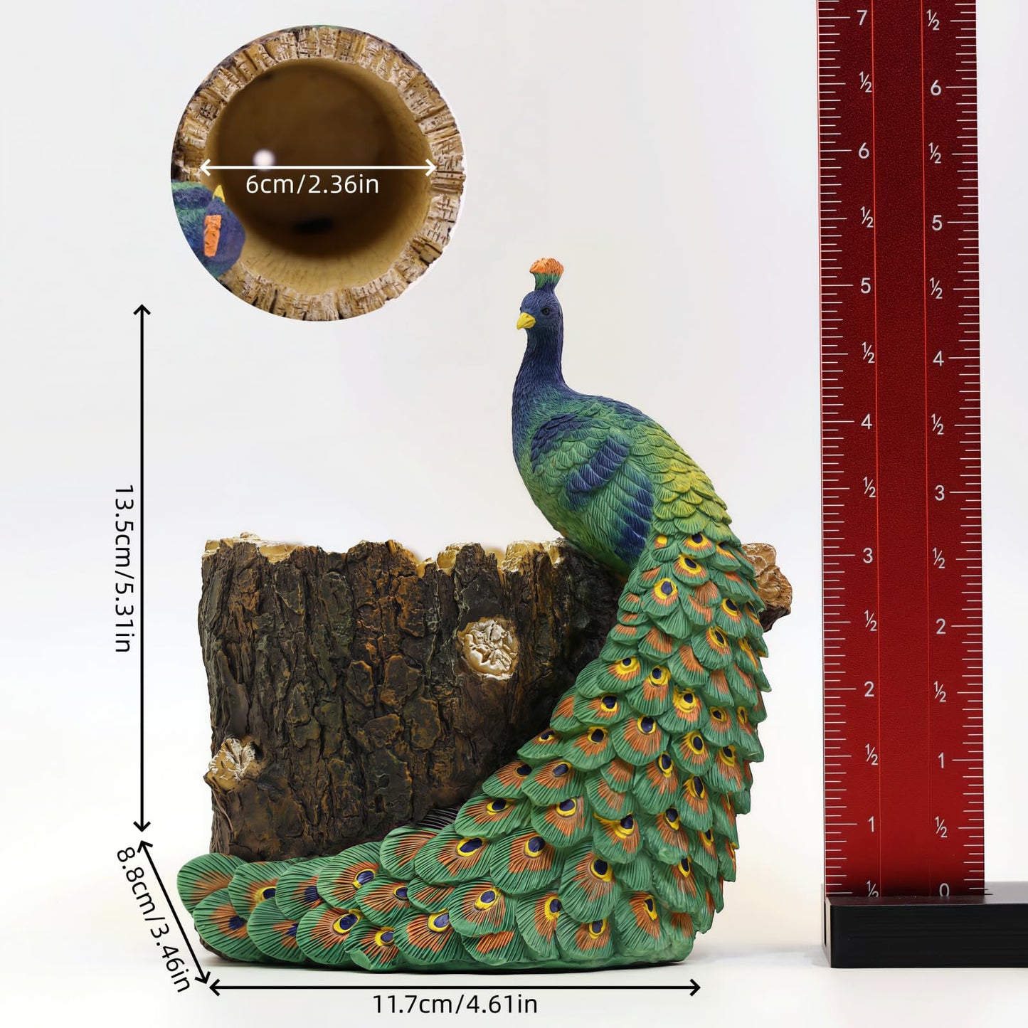 Big Stone Art Peacock Figurine Tree Stump Planter, Resin, Decorative Flower Pot for Indoor and Outdoor Use, Pen Holder Desk Organiser Nature Theme Garden Decor, Statue Sculpture (Blue)