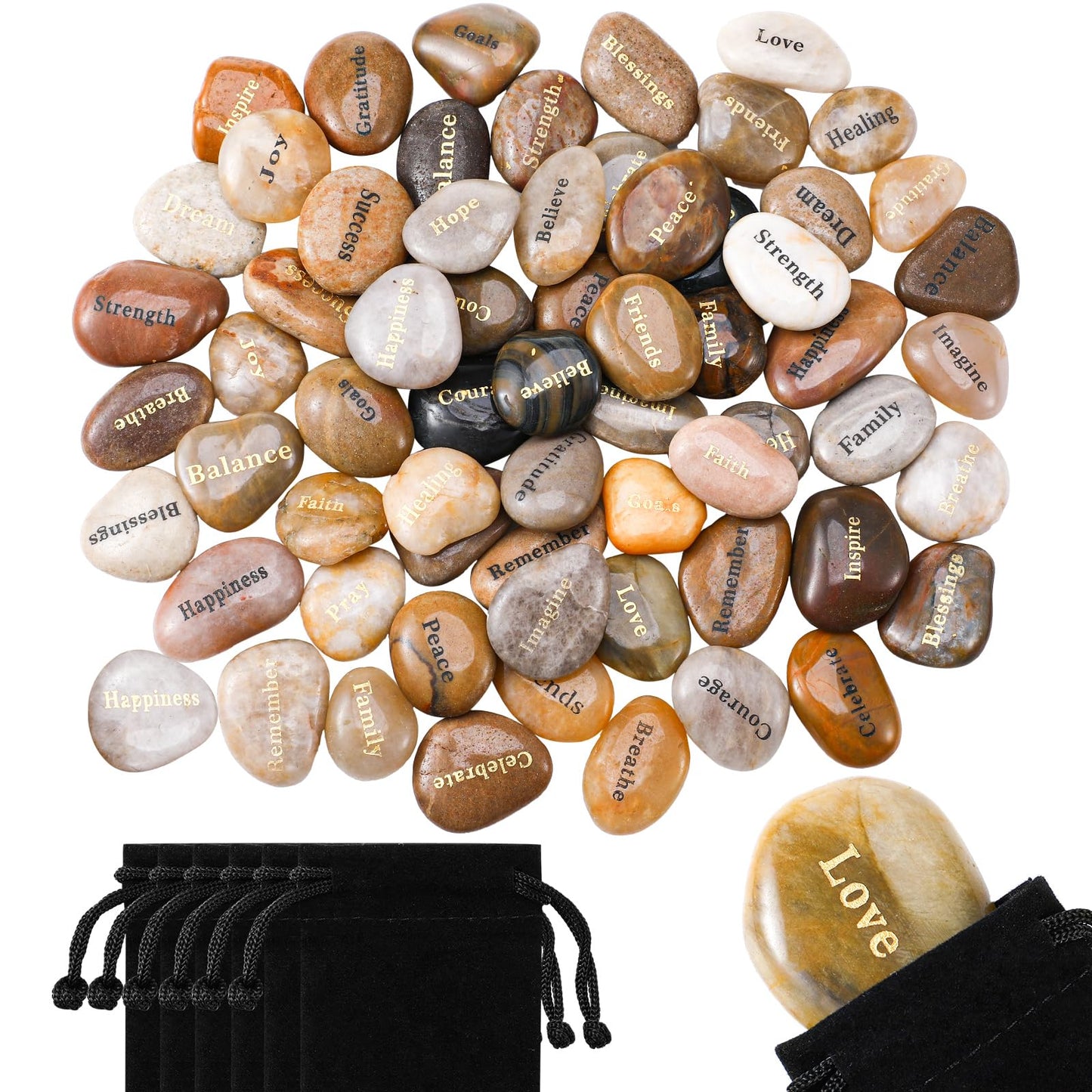 Nuanchu 72 Set Inspirational Stones Bulk with Velvet Bags Different Words Encouragement Amulets Gift Stones Polished Prayer River Pebble for Baptism Christening Gift Religious Home Decor 1-2 Inch