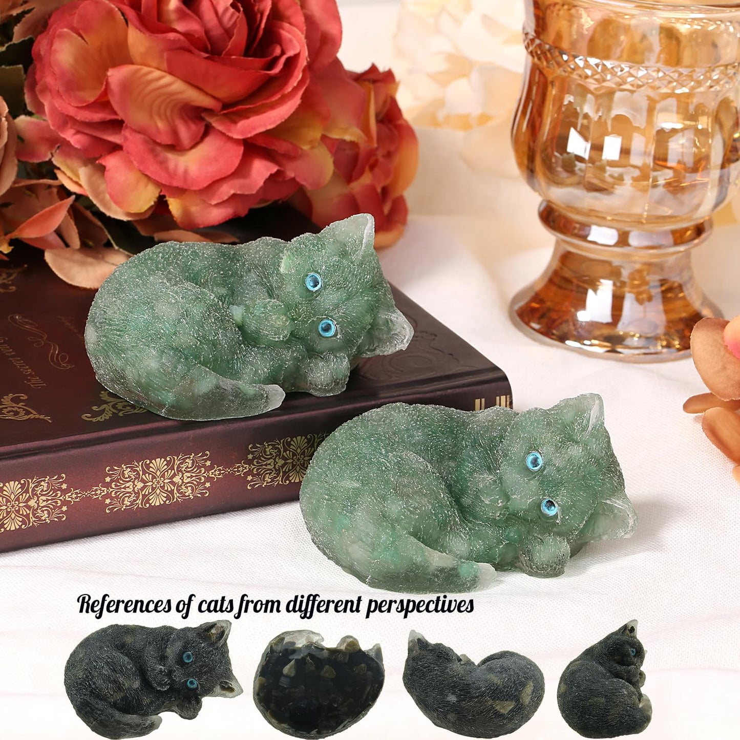 ZHIYUXI 3" Green Aventurine Cat Figurines Sleeping Green Cat Statue Decor Gemstones Healing Crystals Reiki Energy Balance Room Decor