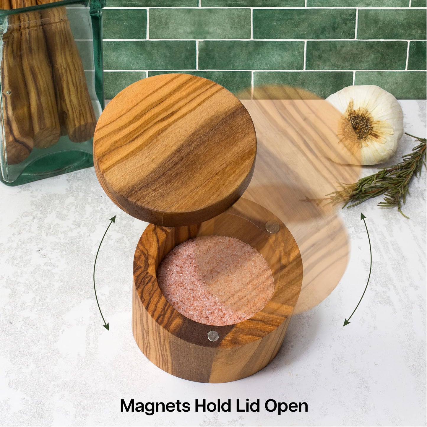 Totally Bamboo Rock & Branch Olive Wood Angled Salt Cellar Storage Box with Magnetic Swivel Lid, 3.8 Ounce Capacity