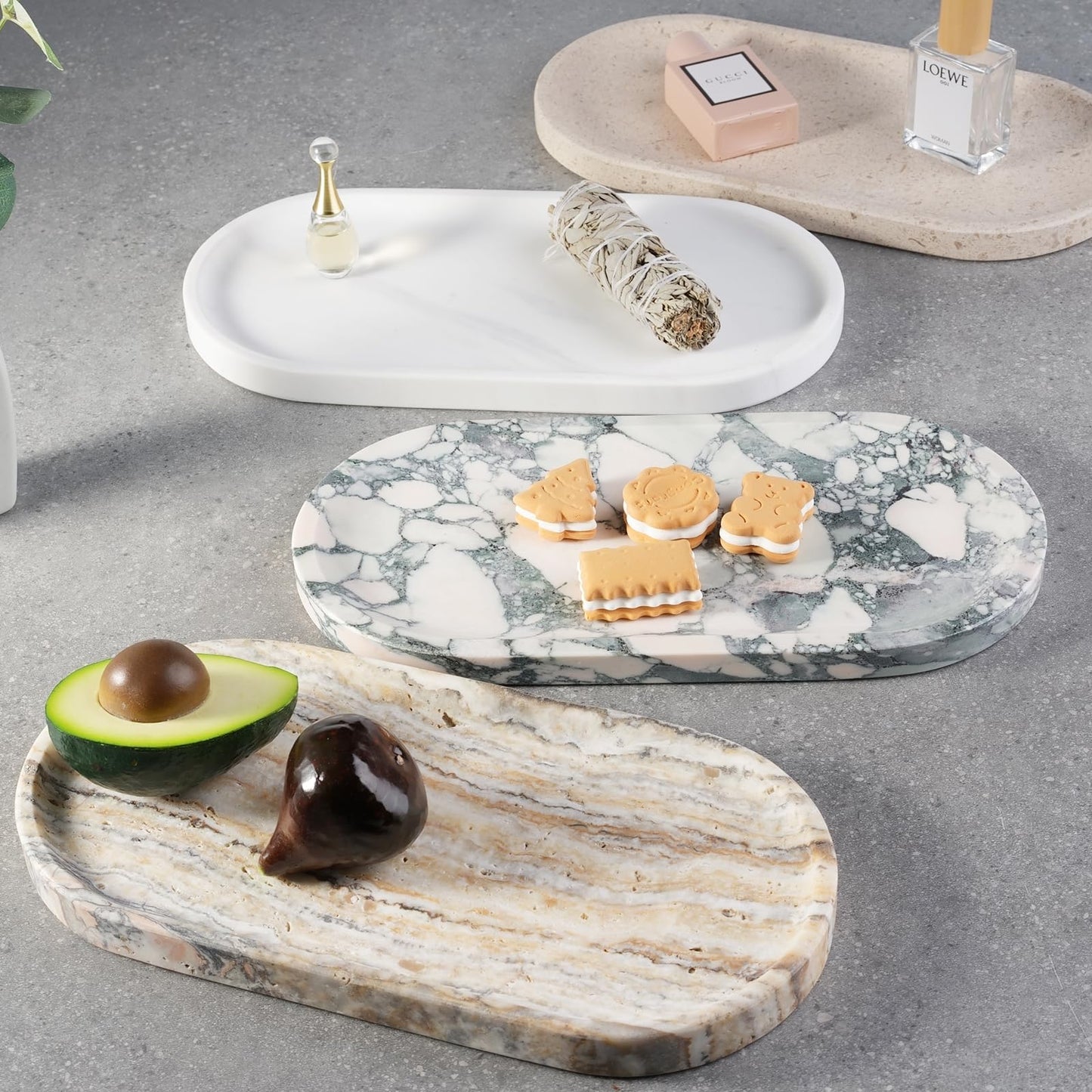 Koville Natural Marble Bathroom Tray for Decor Countertop, Marble Vanity Tray for Candles Perfume, Jewelry, Cosmetics, Stone Decorative Trays for Dresser Organizer(White Traonyx)