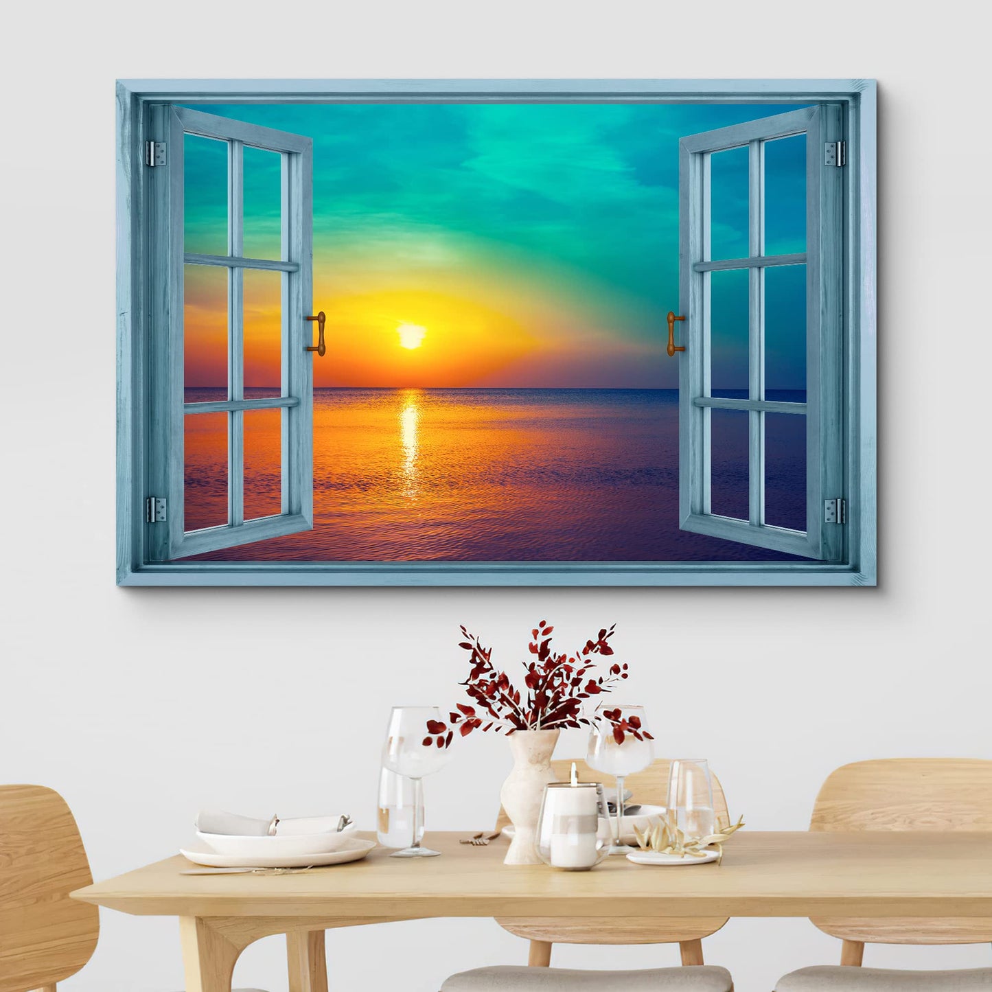 wall26 Canvas Print Wall Art Window View Teal Orange Sunset Over Tropical Ocean Wilderness Nature Photography Realism Scenic Landscape Colorful Multicolor for Living Room, Bedroom, Office - 24"x36"
