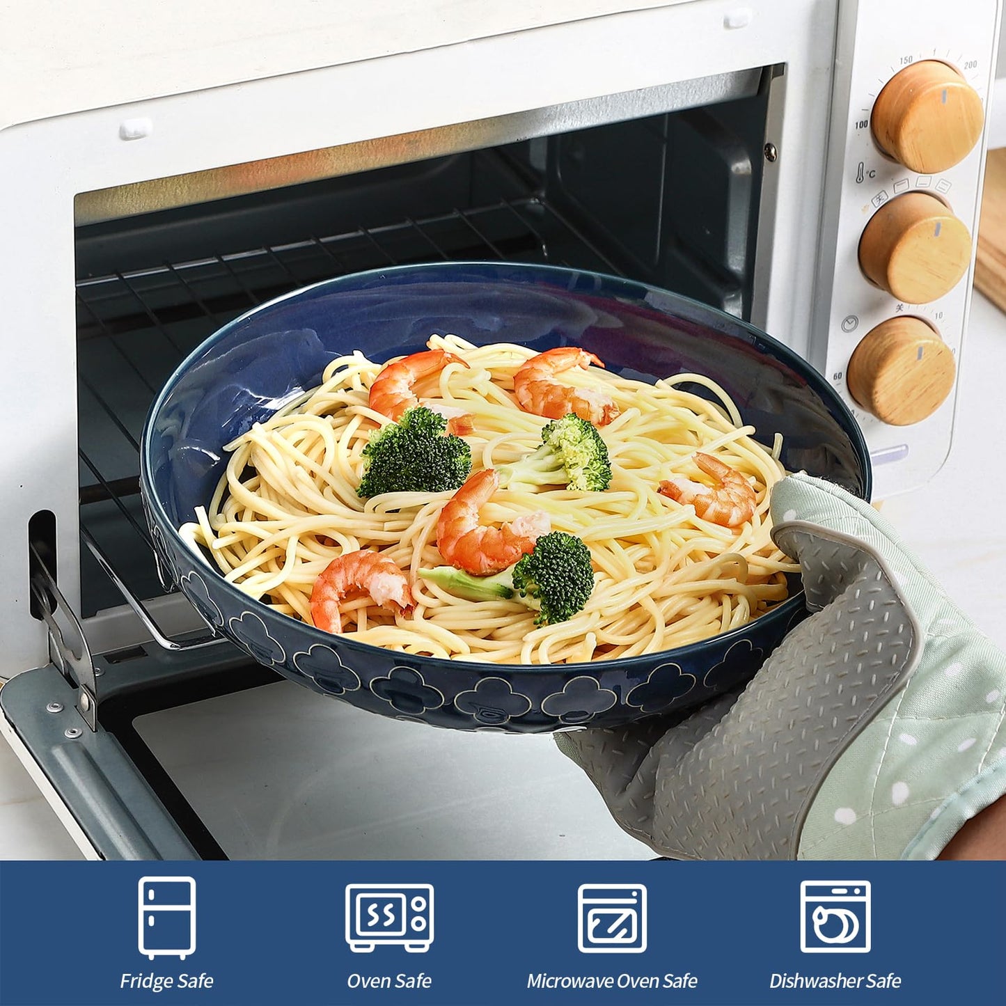 Sureasy 9.7" Pasta Bowls Set of 4-42 oz Large Salad Bowls for Kitchen, Embossed Ceramic Serving Bowls for Fruits, Soup, Pasta and Salad, Microwave & Dishwasher Safe, Blue