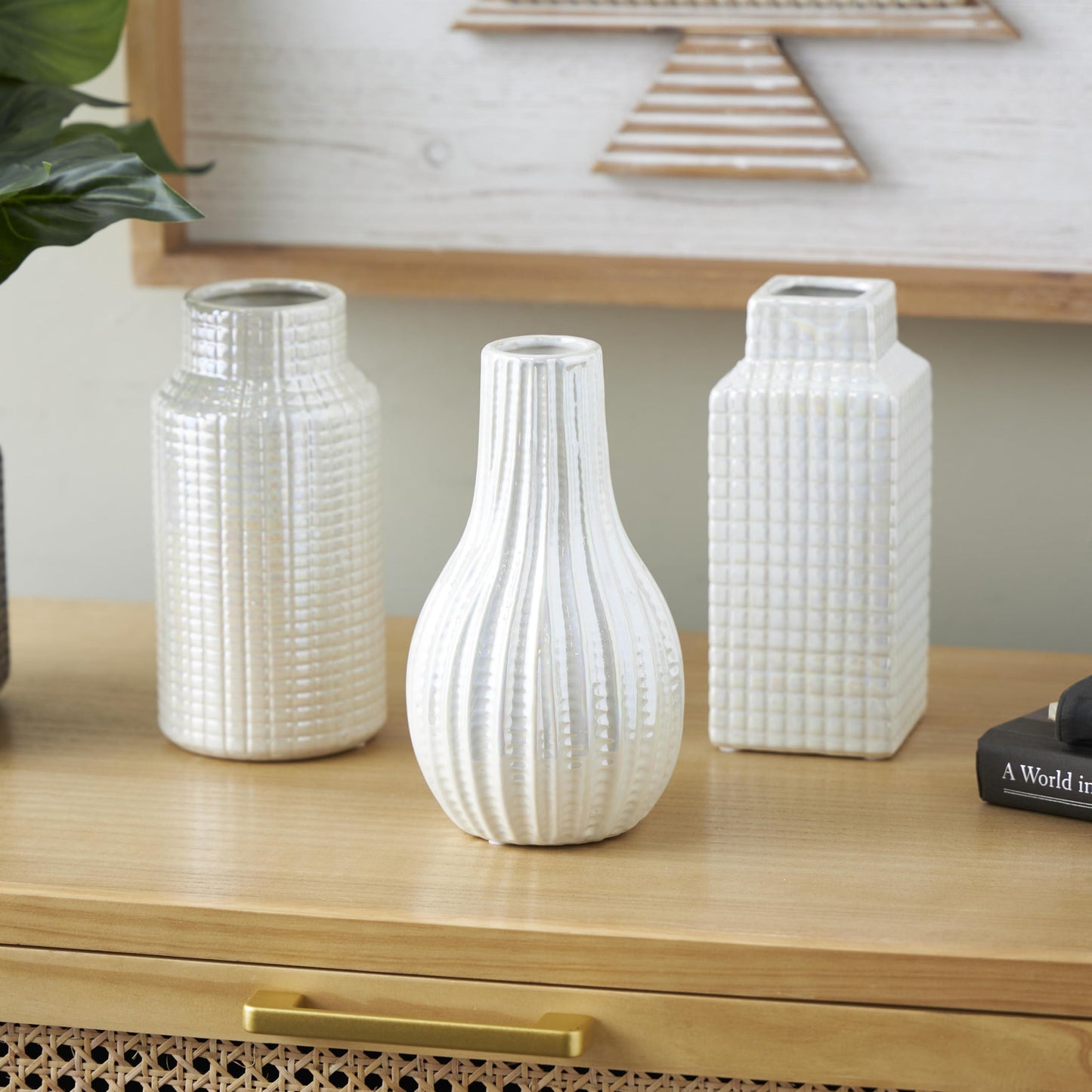 Deco 79 Ceramic Geometric Decorative Vase Dimensional Textured Centerpiece Vases with Varying Shapes and Grid Patterns, Set of 3 Flower Vases for Home Decoration 3" W, 8" H, Cream