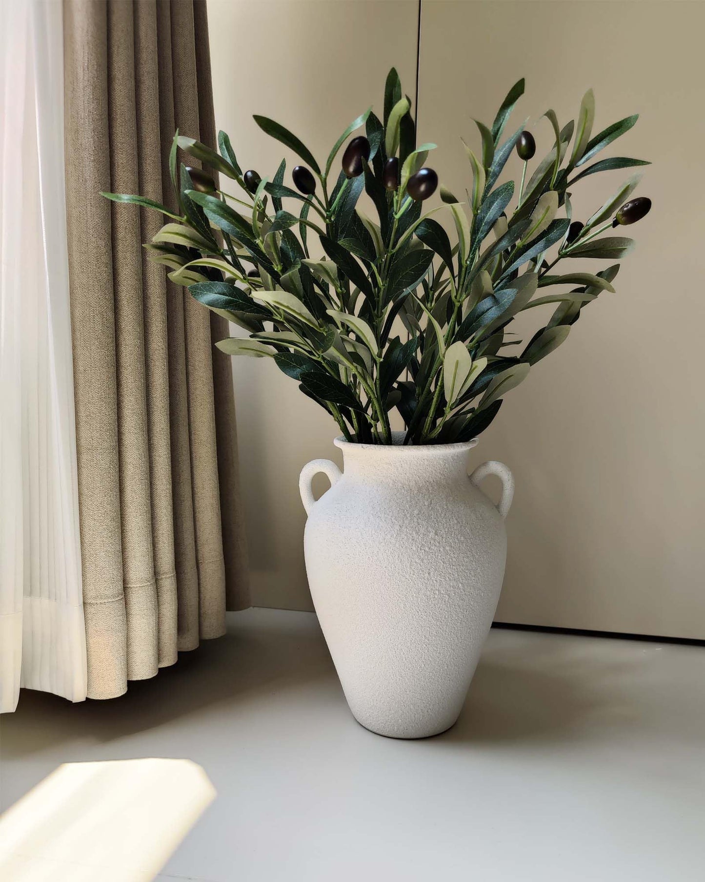 White Ceramic Pottery Barn Vase with Handles - 10" Large Decorative Terracotta Vase for Pampas Grass, Rustic Farmhouse Boho Vases for Home Decor, Living Room, Mantel, Table, Shelf